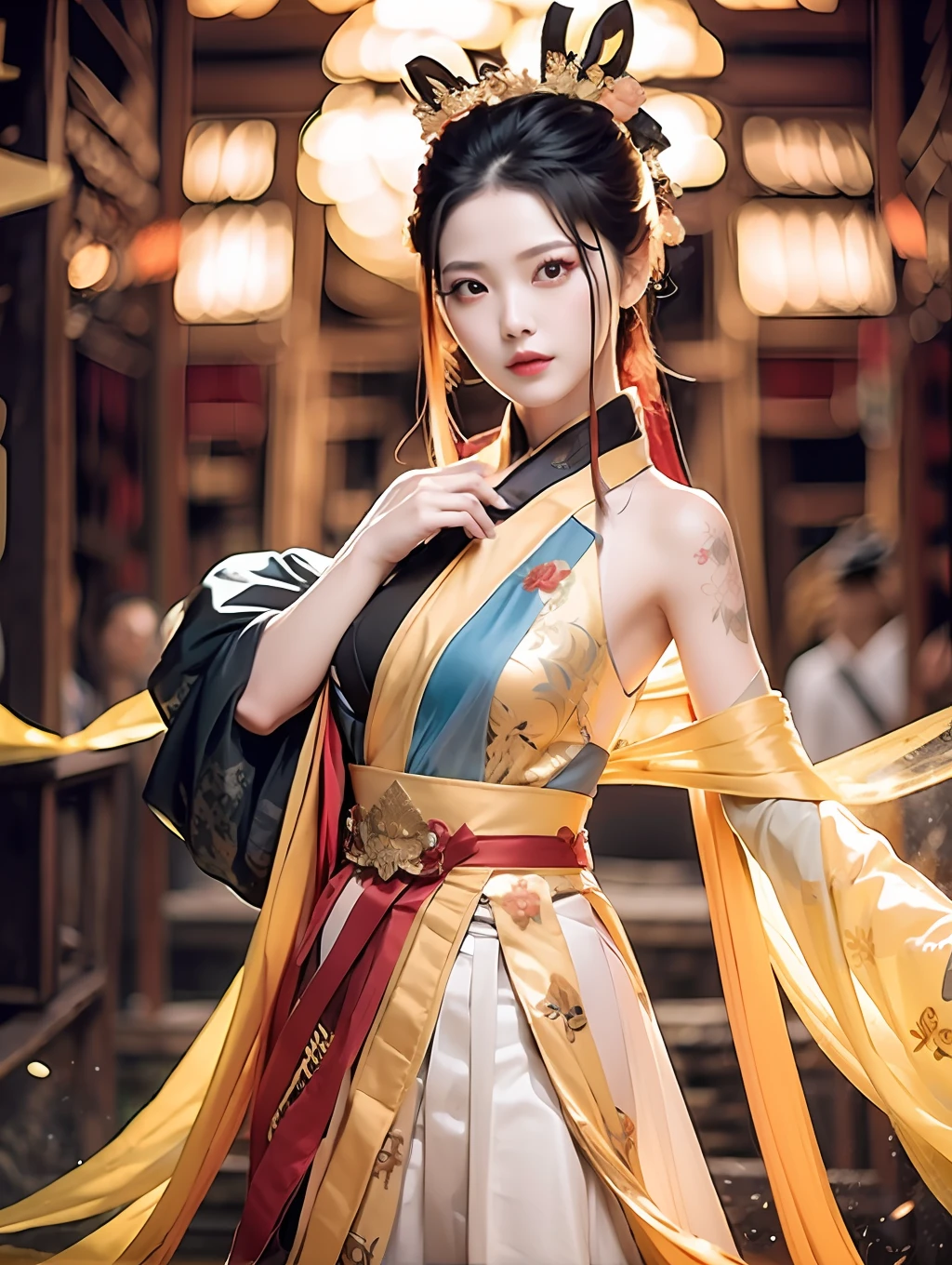 Girl, yellow Hanfu, transparent, long hair shawl, sexy, off-the-shoulder, no headdress, picture quality 8k,