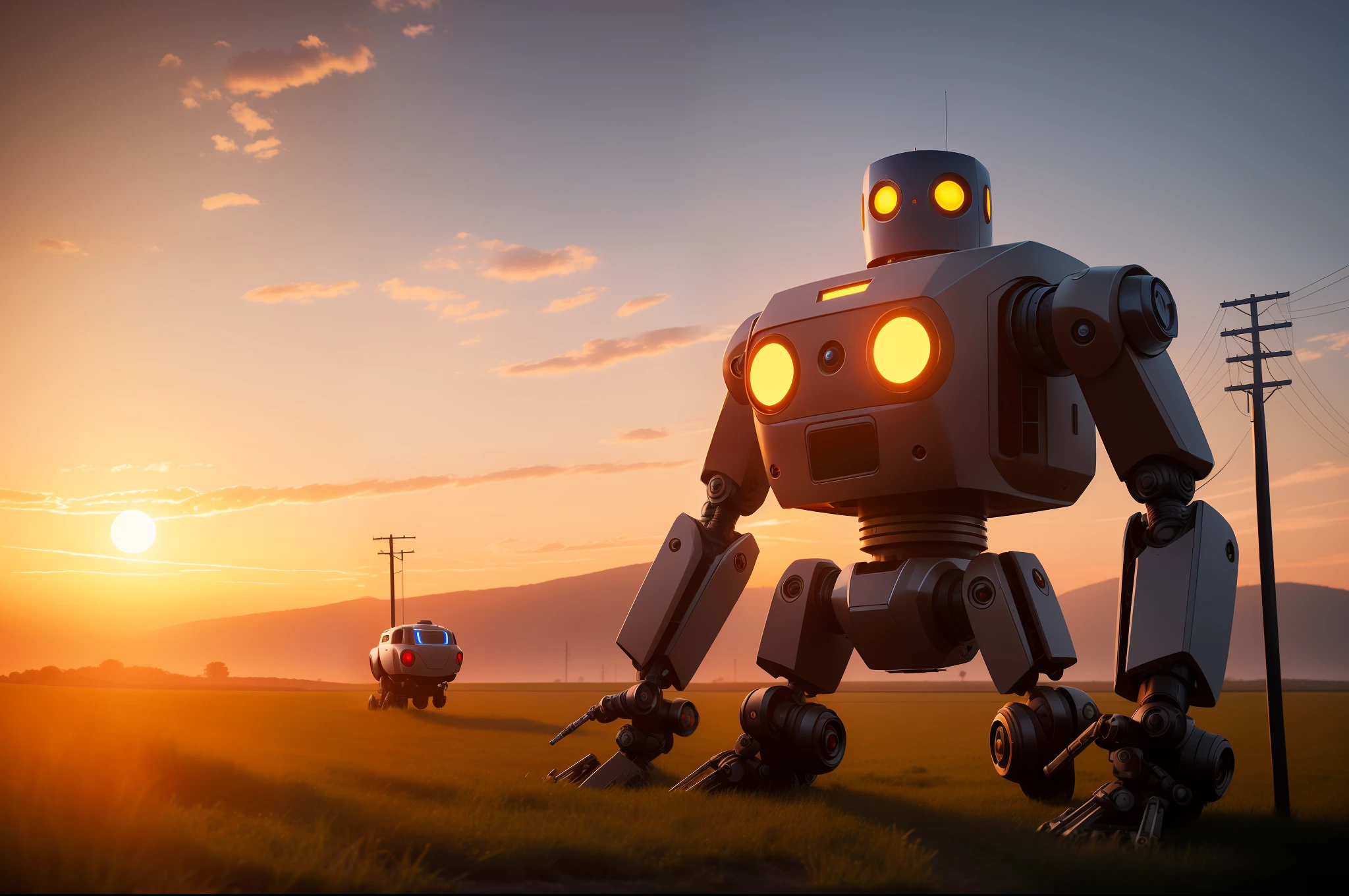 Robot in the shape of a single-eyed bushing on six legs in the countryside, hd, 4k, ray tracing, octane render, backlight, accent lighting, sunset, DSLR, metallic, blur, Simon Stalenhag
