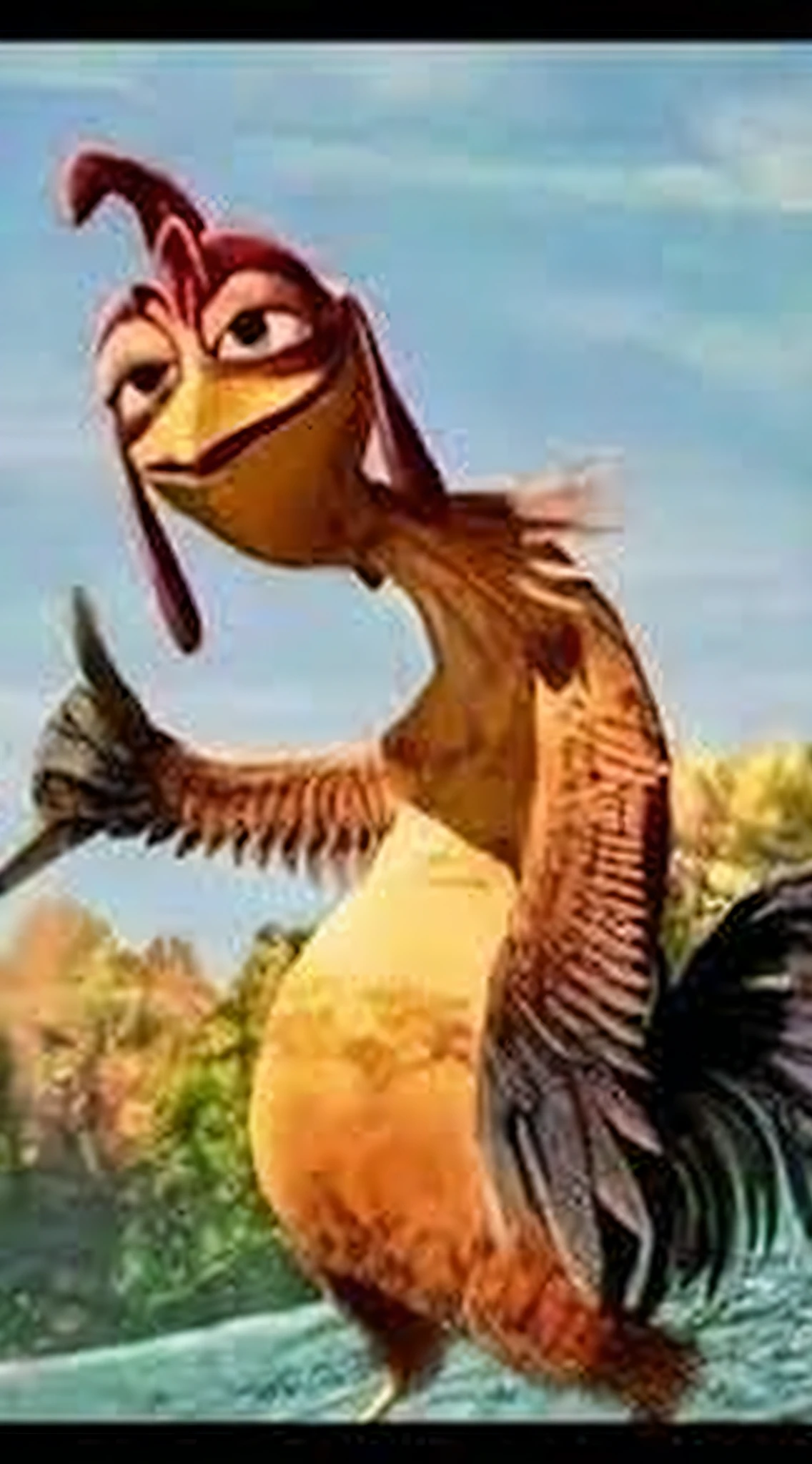 a close up of a rooster with a red head and yellow beak, cocky expression, cocky smirk, the king of rooster, anthropomorphized chicken, rooster!!!!, cocky, rooster, animated movie still, animated film, illustration of an angry rooster, depicted as a pixar character, animated movie, 3 d animated movie, by Pixar