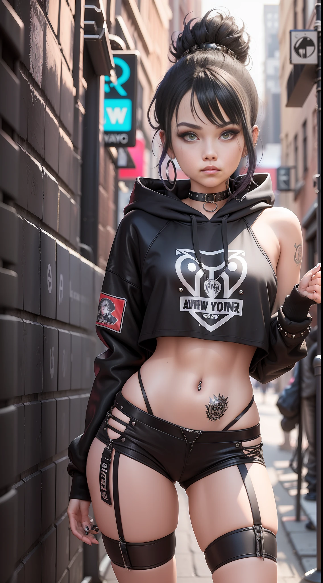 an 18-year-old girl, with a cropped hairstyle and several piercings, wearing a black hoodie, gothic aesthetic, captured in a full-body photo, in the background a New York alley;