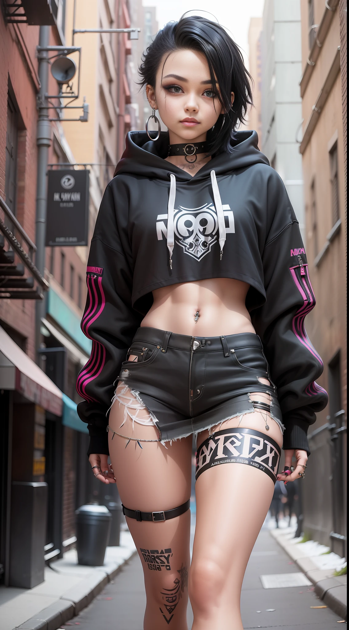 an 18-year-old girl, with a cropped hairstyle and several piercings, wearing a black hoodie, gothic aesthetic, captured in a full-body photo, in the background a New York alley;