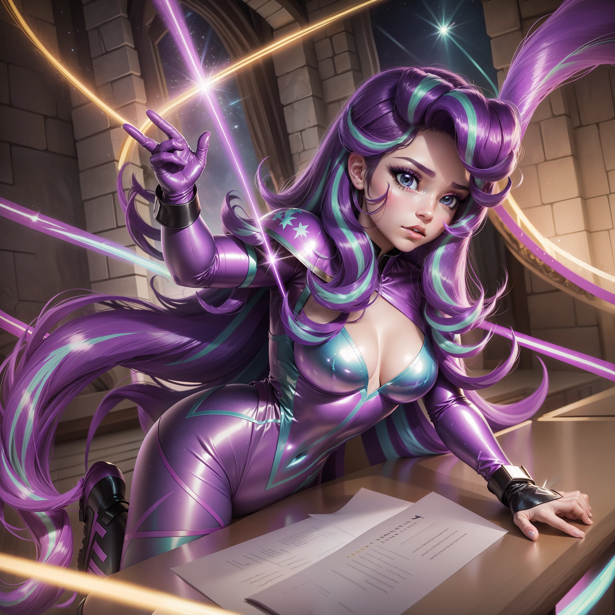 Starlight Glimmer, Starlight Glimmer from my little pony, Starlight Glimmer in the form of a girl, long hair, lush hair, superhero costume, cape, tight suit, logo on the megia costume, purple boots, full-length, in the castle, blue magic, best quality, very detailed, ultra 8k resolution