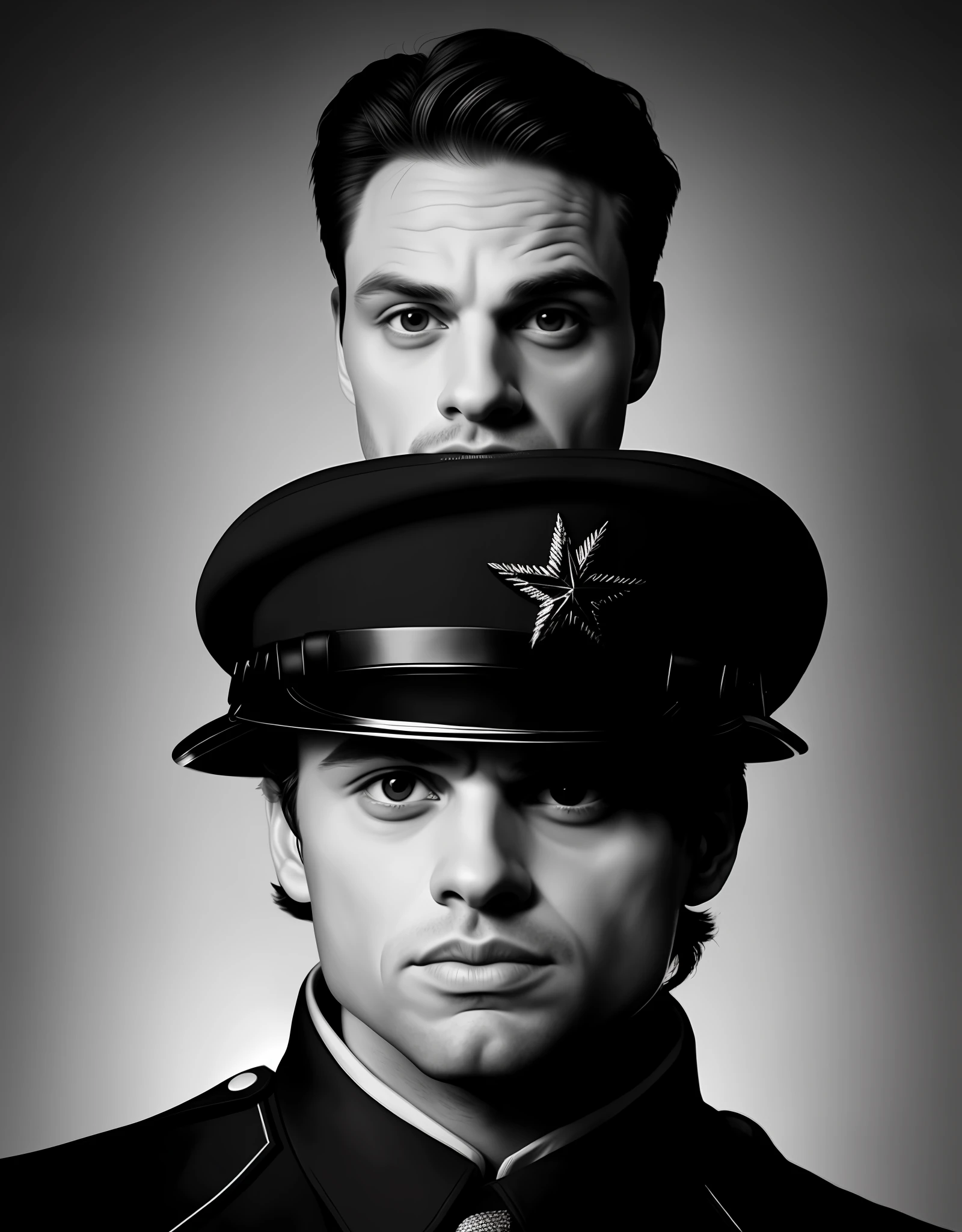 Sebastian stan, face, front, sad, uniform, world war second, black and white, 4k, war background, army, frontal, alone