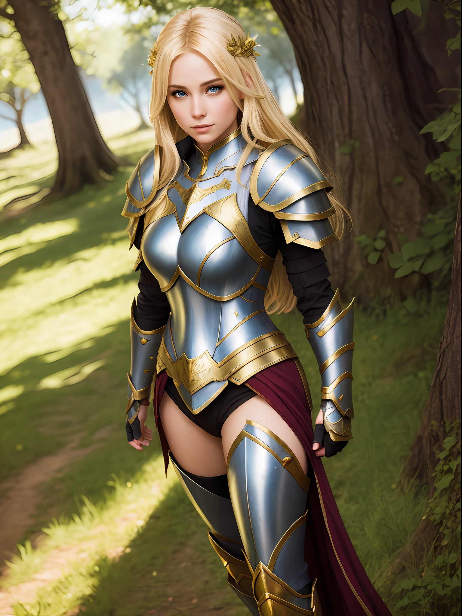 Beautiful blonde feminine heroine, fantasy rpg game style , light armor , daylight optimistic