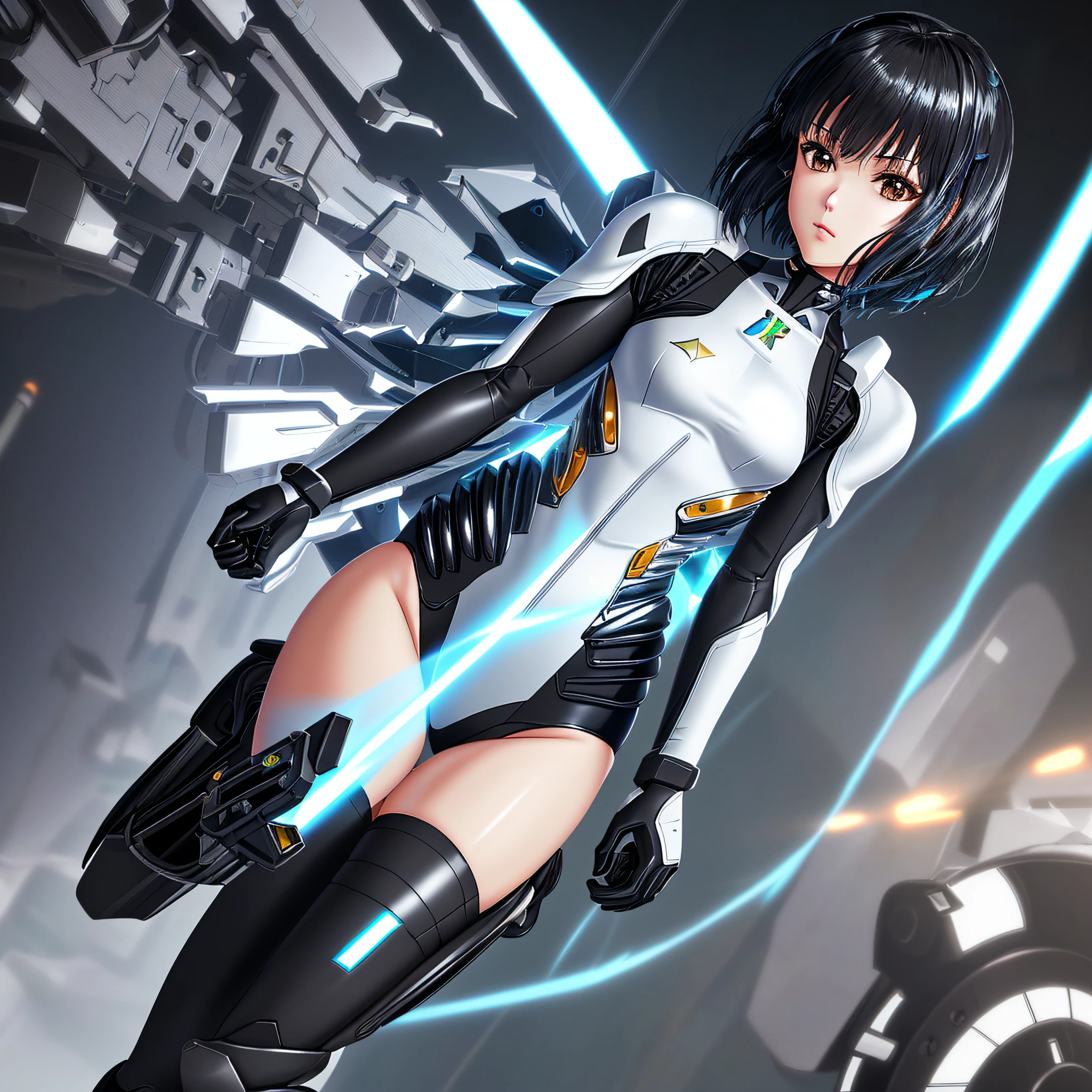 Elaborate CG Unity 8K wallpapers, masterpiece, highest quality, highest resolution, distinct_image): (Dynamic Angle, Solo, Japan Face, Short Black Haired Girl, Full Body, Small Breasts, Sparkly Black Eyes, White and Blue Colored Flight Suit, Tight Fit Clothes, Full Body Covering Clothes, Beauty, Slim Body, Exoskeleton, Gundam, Metal Gear)