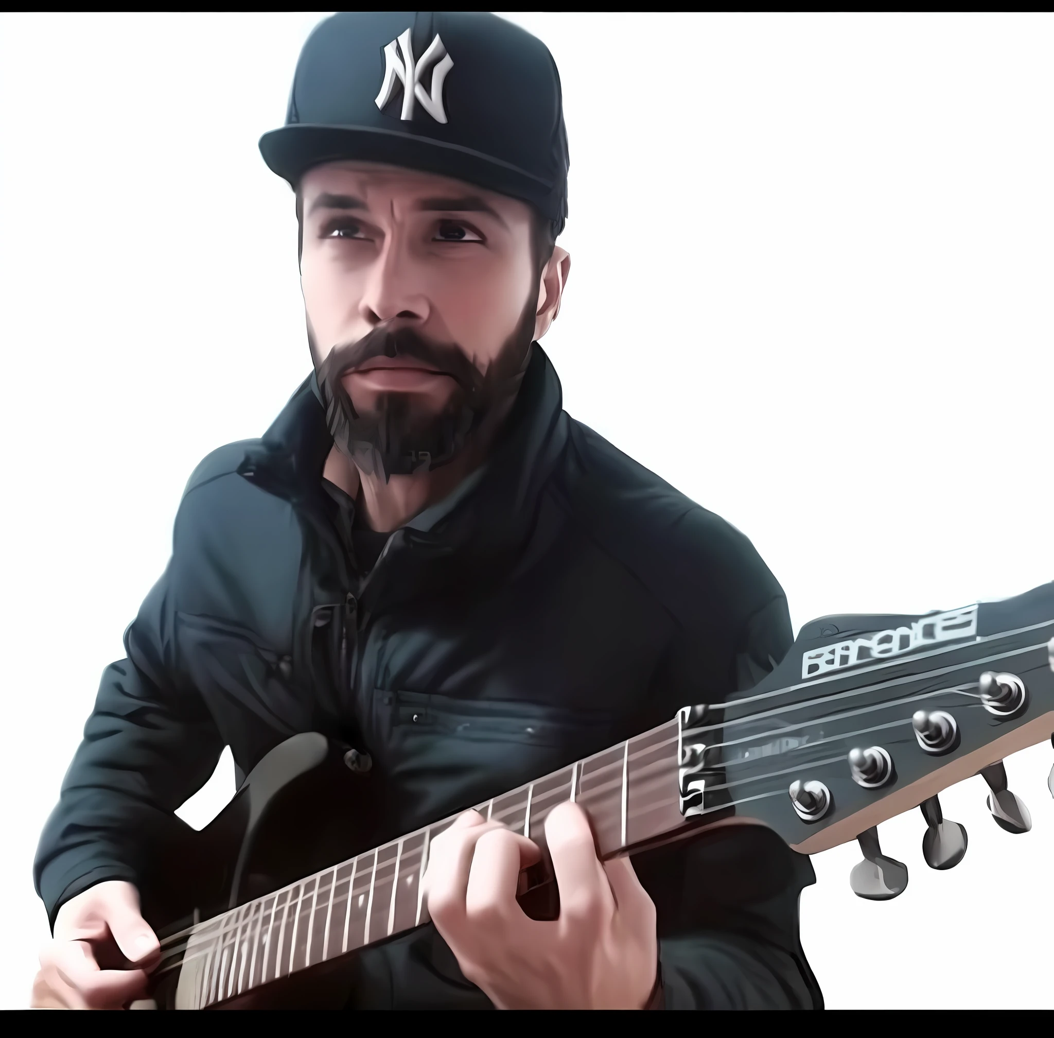 A bearded man playing guitar with a cap,