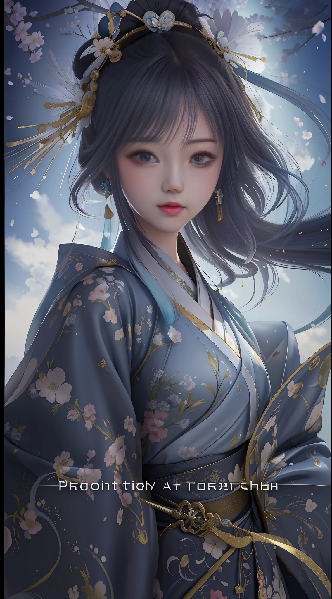 (((Beautiful character painting))), best quality, ultra-detailed CG unity 8k HD kimono girl, softened light source, (Hanfu dress + background setting sword and sky: 1.2+1.2), beautiful and moving, chromosome crystal structure, wandering song, light microwave, light and elegant, Chihime is a fairy.