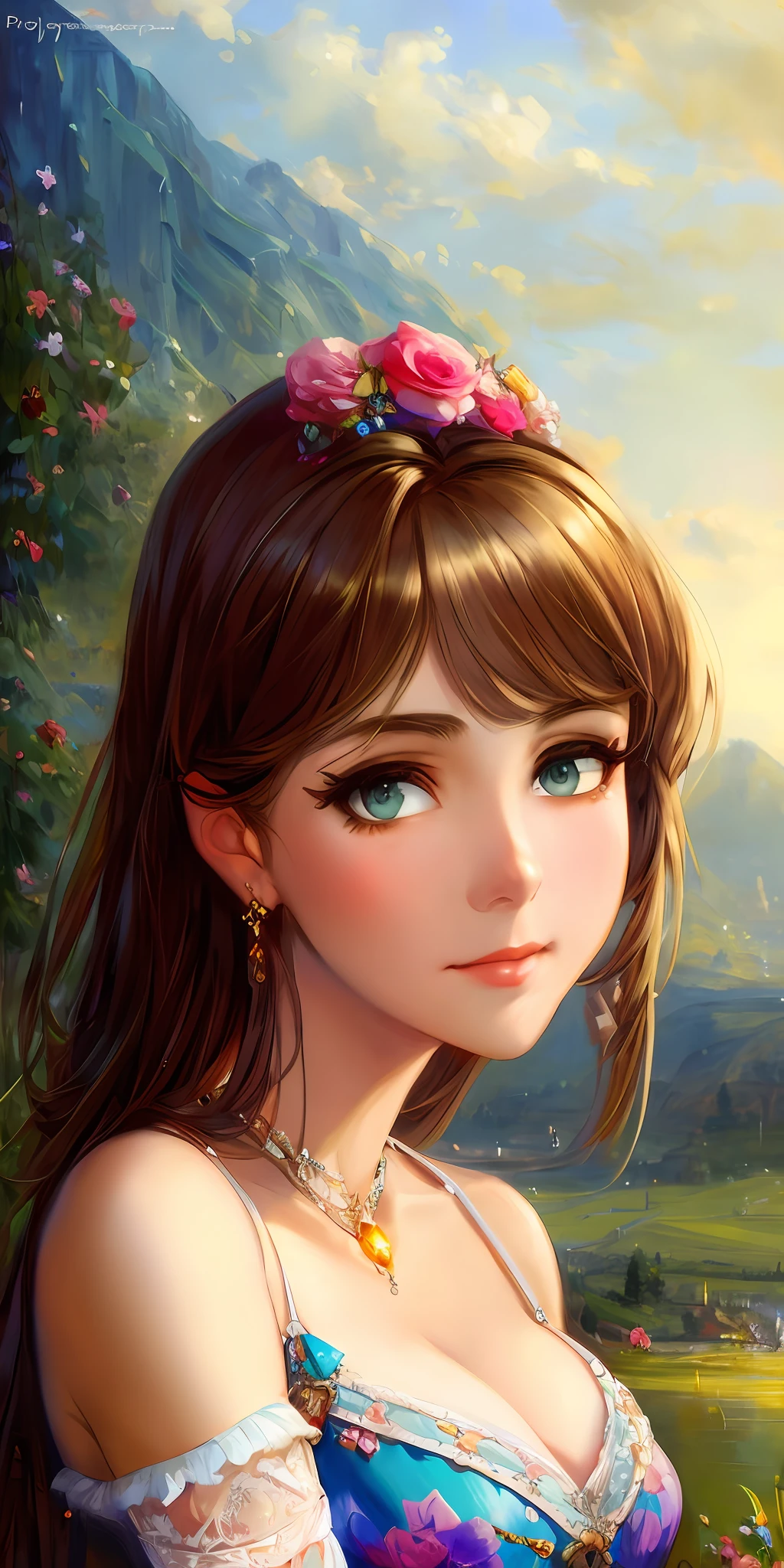 pino daeni, ilya kuvshinov, sophie anderson, yeero, (((landscape))), (((portrait))), busty young gyaru, (seductive pose), (seductive expression), ((masterpiece)), (squished), (beautiful face), (beautiful eyes), (concept art), (((detailed))), ((intricate)), pixiv, light novel, uhd, vivid colors, sharp