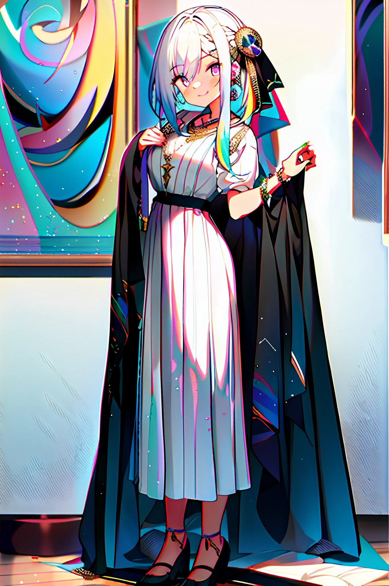 Greek style dress, girl, white middle hair, rainbow eyes, gemstone jewelry, snake pupils, HD standing painting, full body standing painting, symmetrical standing painting, front standing painting