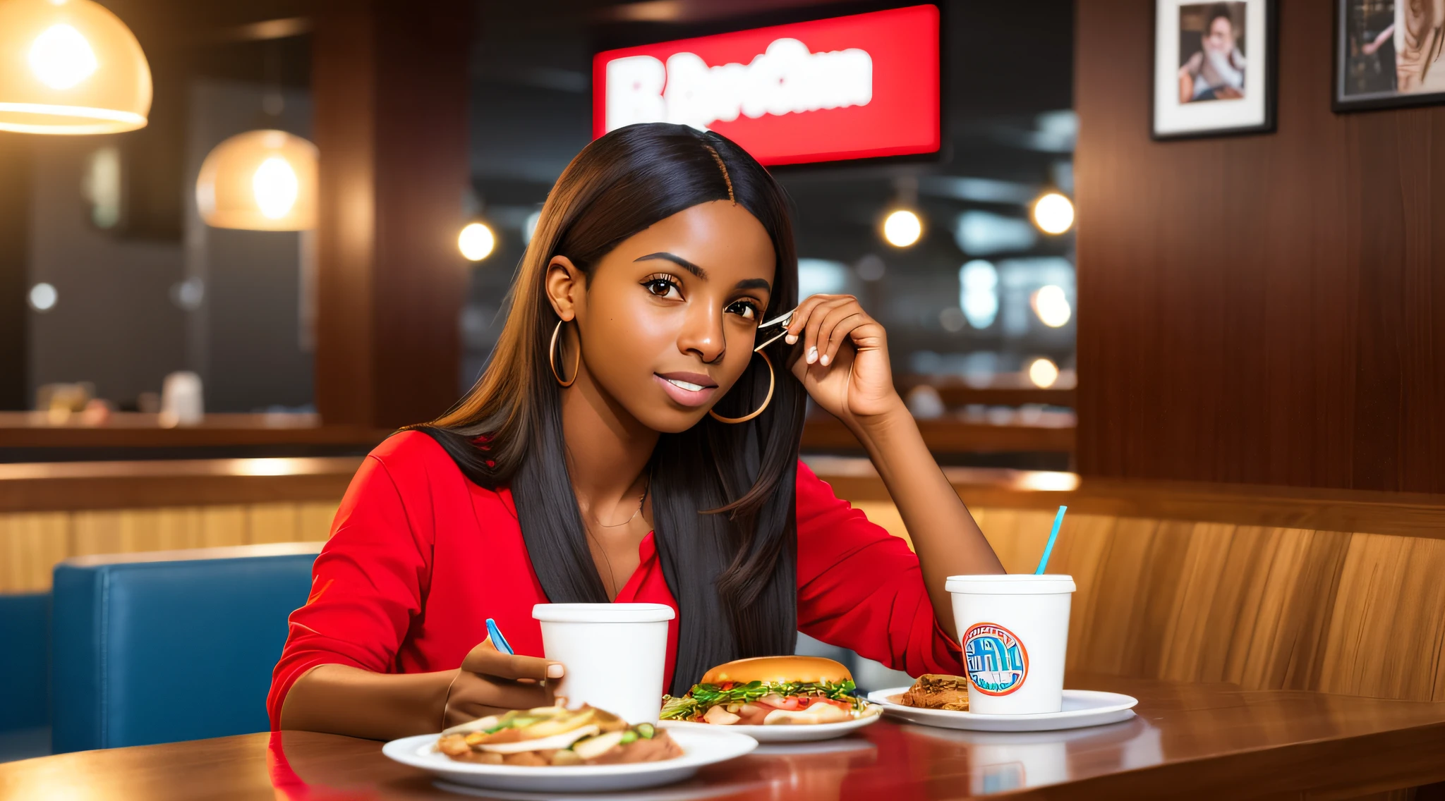 Photo RAW, a 30-year-old Brazilian woman in casual clothes, long hair, brown skin (highly detailed skin: 1.2) slim body, eating a hamburger, background of a modern restaurant with blue and red details, 8k uhd, dslr, soft lighting, high quality, film grain, Fujifilm XT3 --auto --s2