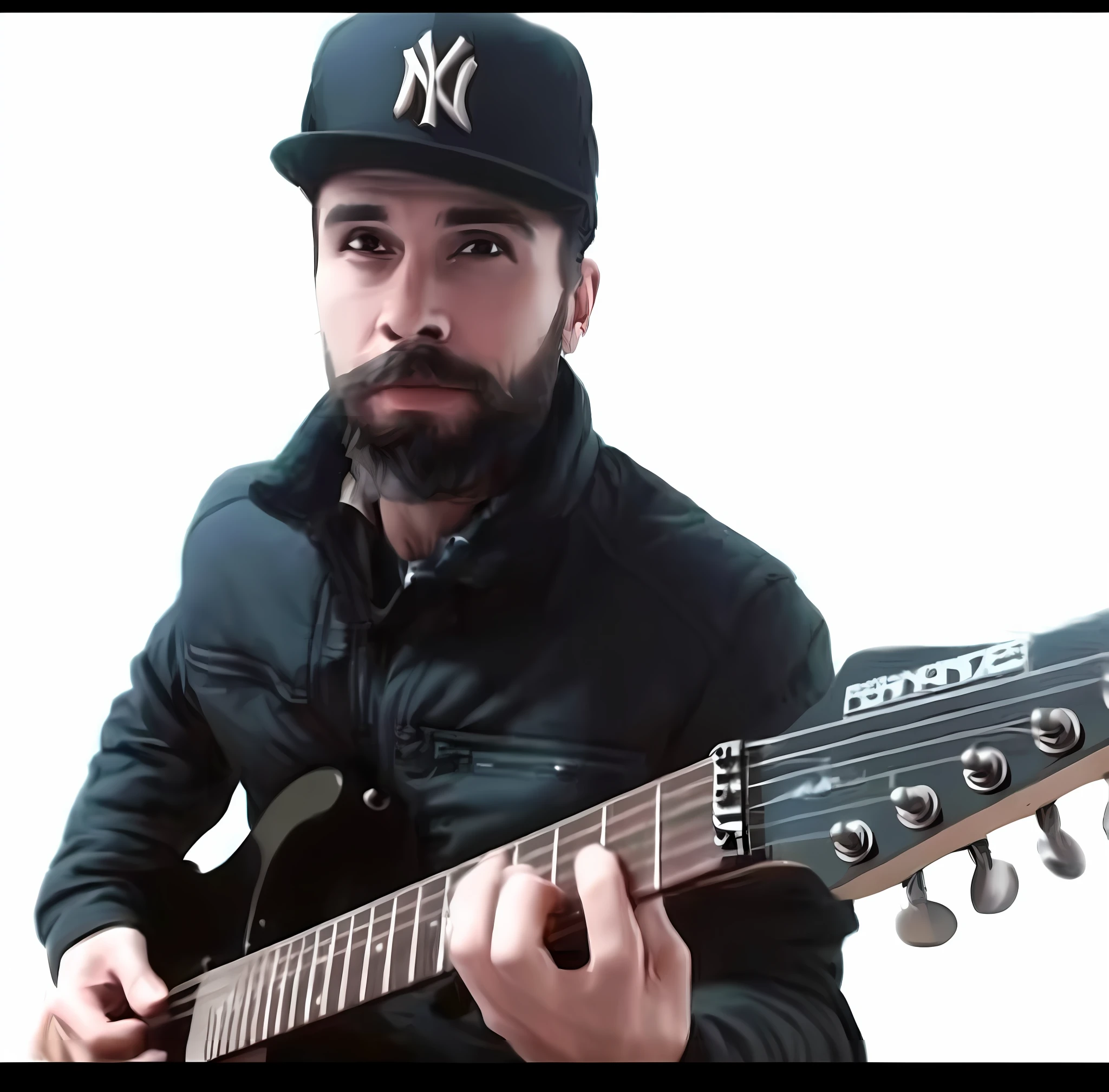 A bearded man playing guitar with a cap,
