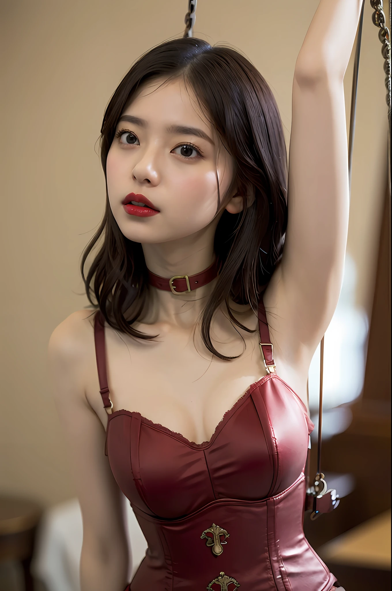 best quality, masterpiece, (extremely delicate and beautiful:1.2),
blurry background, looking at viewer,
1girl, solo, fashi-girl, red lips, blush, bdsm, bodysuit, corset, shibari, handcuffs, collar, (suspension:1.6), breasts out, bound arms, arms behind back, restrained, leaning forward,