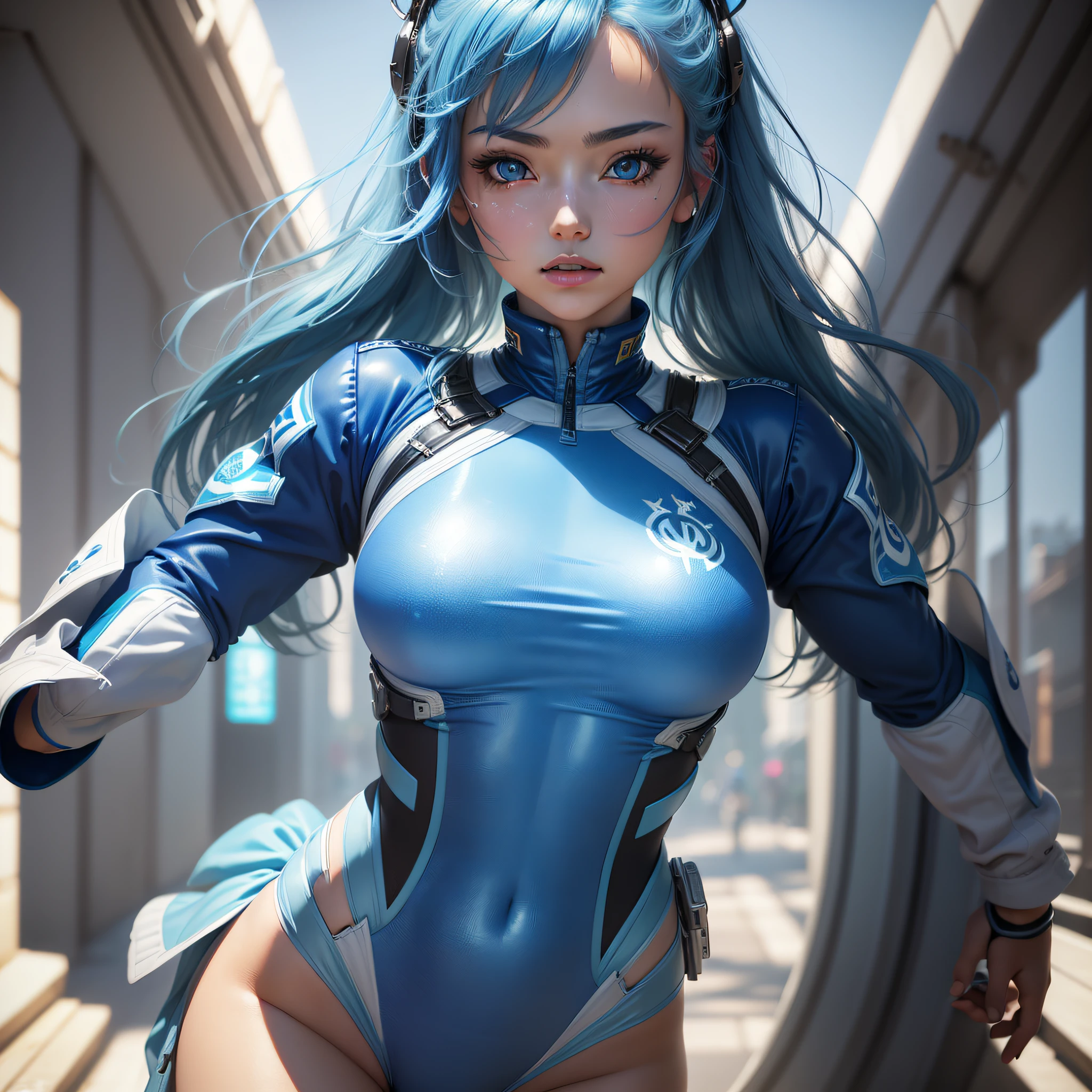 (Super elaborate CG Unity 8K wallpaper, masterpiece, highest quality): (Solo girl, solo, Japan face, 1 girl, sparkly blue colored eyes, blue hair, white and blue color flight suit, tight fit clothes, clothes that cover the whole body, beauty, gentle expression)
