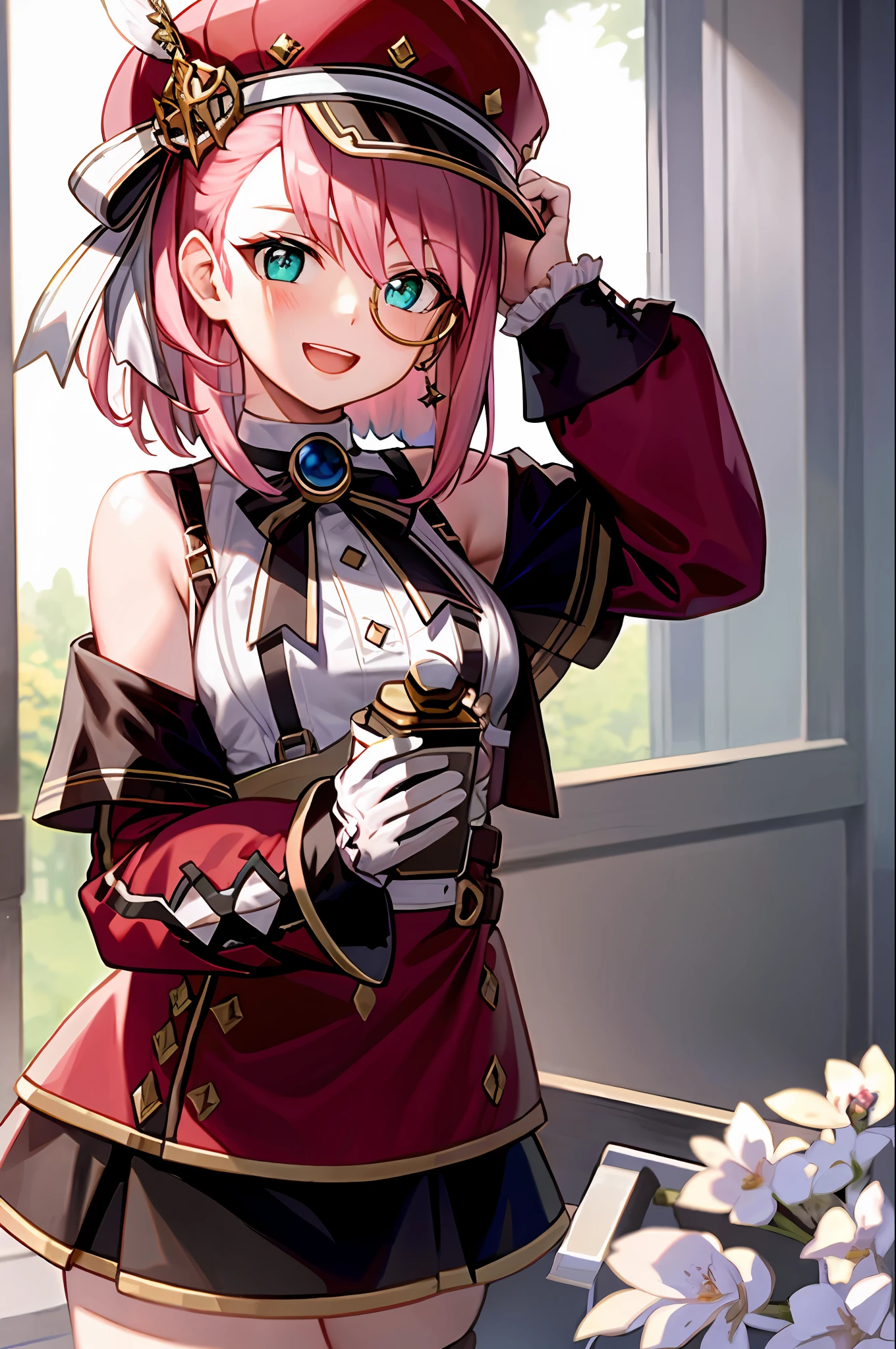 masterpiece, best quality, 1girl, holding,camera,solo, hat, pink hair, monocle, red headwear, holding, smile, gloves, open mouth, looking at viewer, white gloves, bare shoulders, bangs, hair between eyes, green eyes, shirt, :d, cabbie hat, long sleeves, upper body, bow, twitter username, upper teeth only, medium hair, white shirt, teeth, blush, sleeveless, ribbon, book, short hair, off shoulder, round eyewear, holding book, sleeveless shirt, glasses, black bow, detached sleeves, jewelry, virtual youtuber, aqua eyes