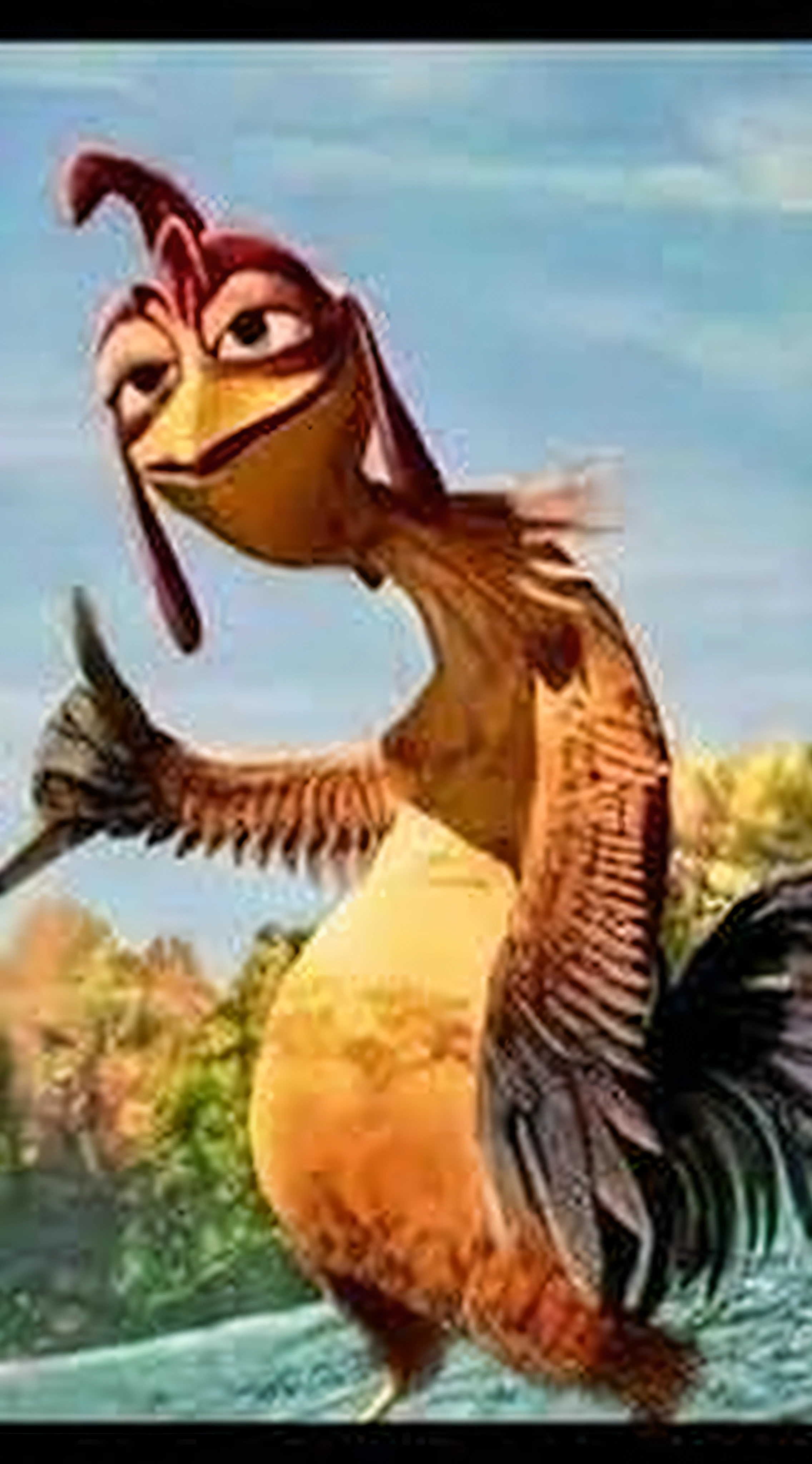 a close up of a rooster with a red head and yellow beak, cocky expression, cocky smirk, the king of rooster, anthropomorphized chicken, rooster!!!!, cocky, rooster, animated movie still, animated film, illustration of an angry rooster, depicted as a pixar character, animated movie, 3 d animated movie, by Pixar