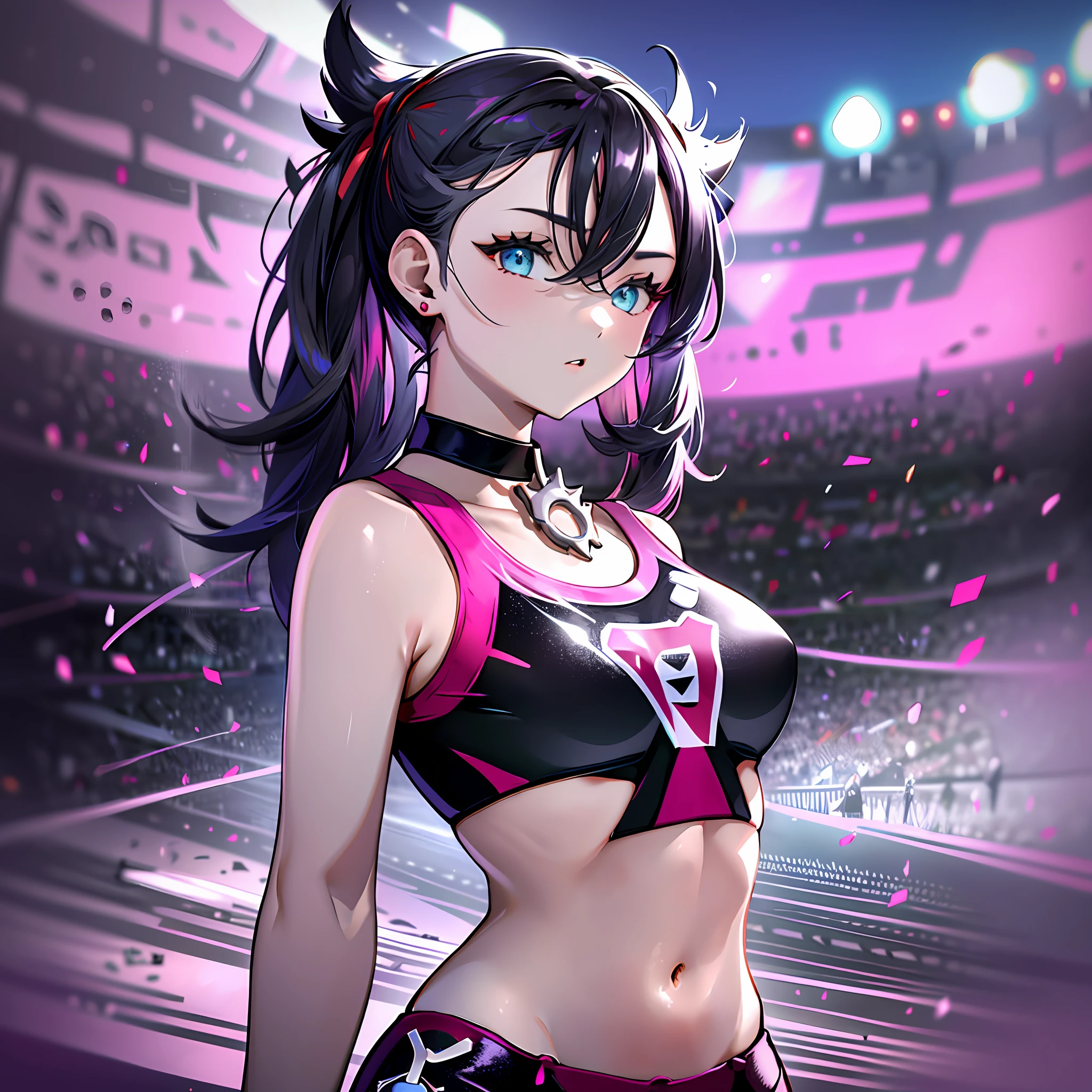 masterpiece, best quality, highres, hmmarnie, aqua eyes, black choker, red ribbon, earrings, jewelry, midriff, sports bra, bare shoulders, pants, leggings, from side, stadium,