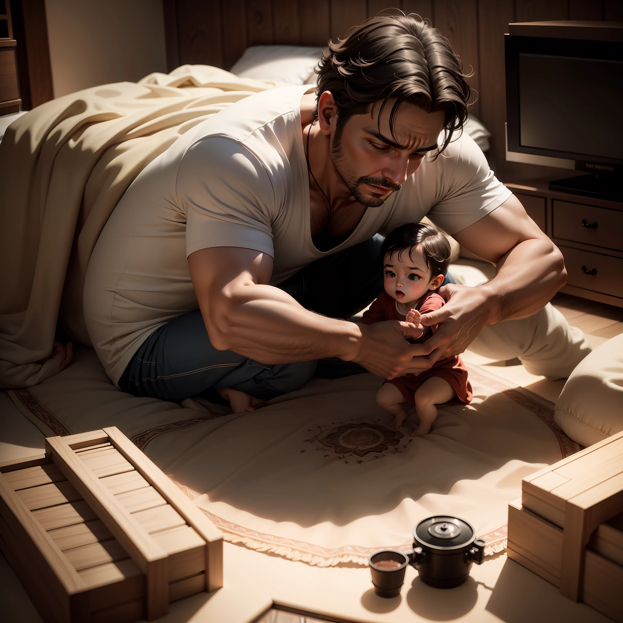 masterpiece, ultra realistic, a father playing with his children, showing a lot of love, in celebration of father's day, intricate details, 4k, 4d cinema, diffused light, rays of light illuminating, dslr, scenery of a bed in a room , detailed and perfect faces, engine engine