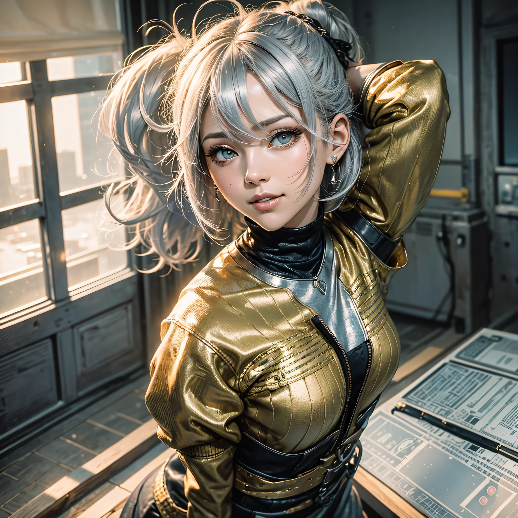 Full body, gray hair, (Dragoon: 1.2), Brant Bang, masterpiece, top quality, official art, very elaborate CG Unity 8K wallpaper, for girls, ultra high resolution, (photorealistic: 1.4), golden hour lighting, sweater dress, (upper body), (platinum shorthair: 0.8), (puffy eyes), looking at the viewer, frontal, smile, medium breasts, shirt lift, Gloves, shorthair --auto --s2