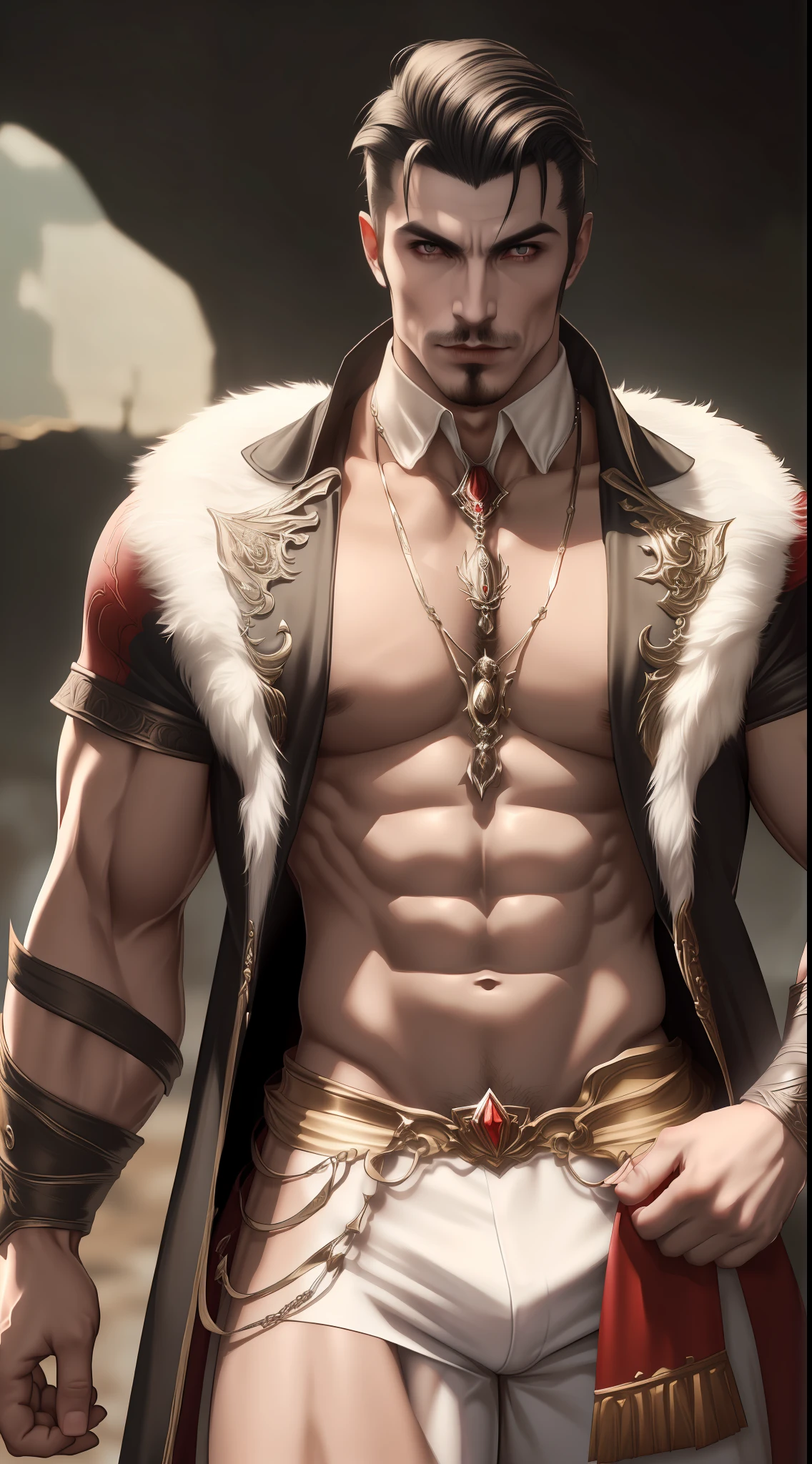 American Dracula, sexy and muscular male, full body, Fade Haircut, scantily clad, completely white eyes, 4k, 8k, hyperrealistic, detailed face