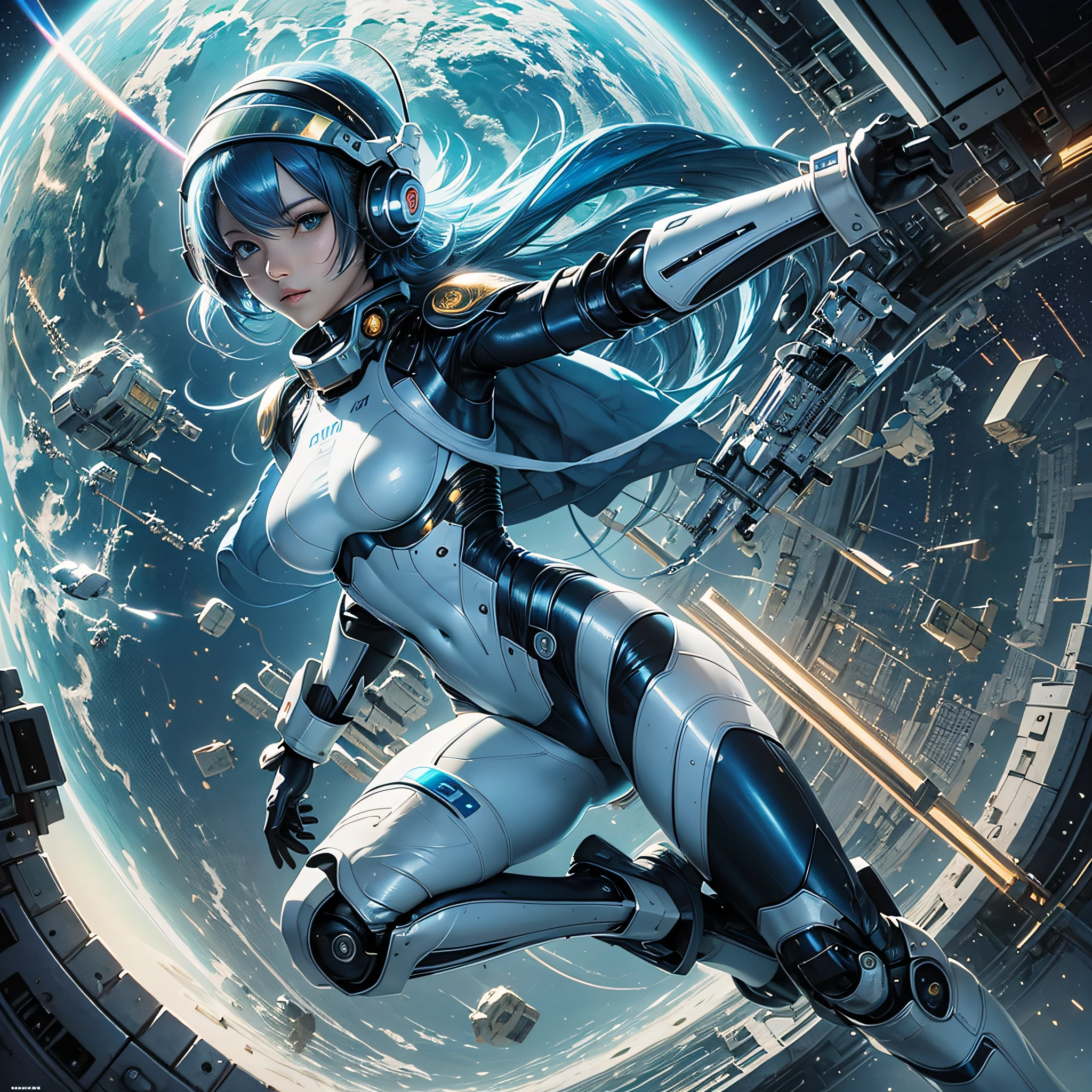 Full body, blue hair, blunt van, masterpiece, top quality, official art, album art, very elaborate CG Unity 8K wallpaper, lone girl, Japan girl, full body, super high resolution, (photorealistic: 1.4), dynamic angle, dynamic pose, mystical power, floating particles, reflection, so cute, sparkling blue color eyes, golden hour lighting, Pilot suit in white and blue and black colors, tight fitting clothes, full-body covering clothes, knee boots, (puffy eyes), viewer looking, front-facing, beauty, medium breasts, shirt lift, metal wire, slim body, arm-length gloves, anime heroine, gentle smile, headset, helmet, detailed robot cockpit, super futuristic space --auto --s2