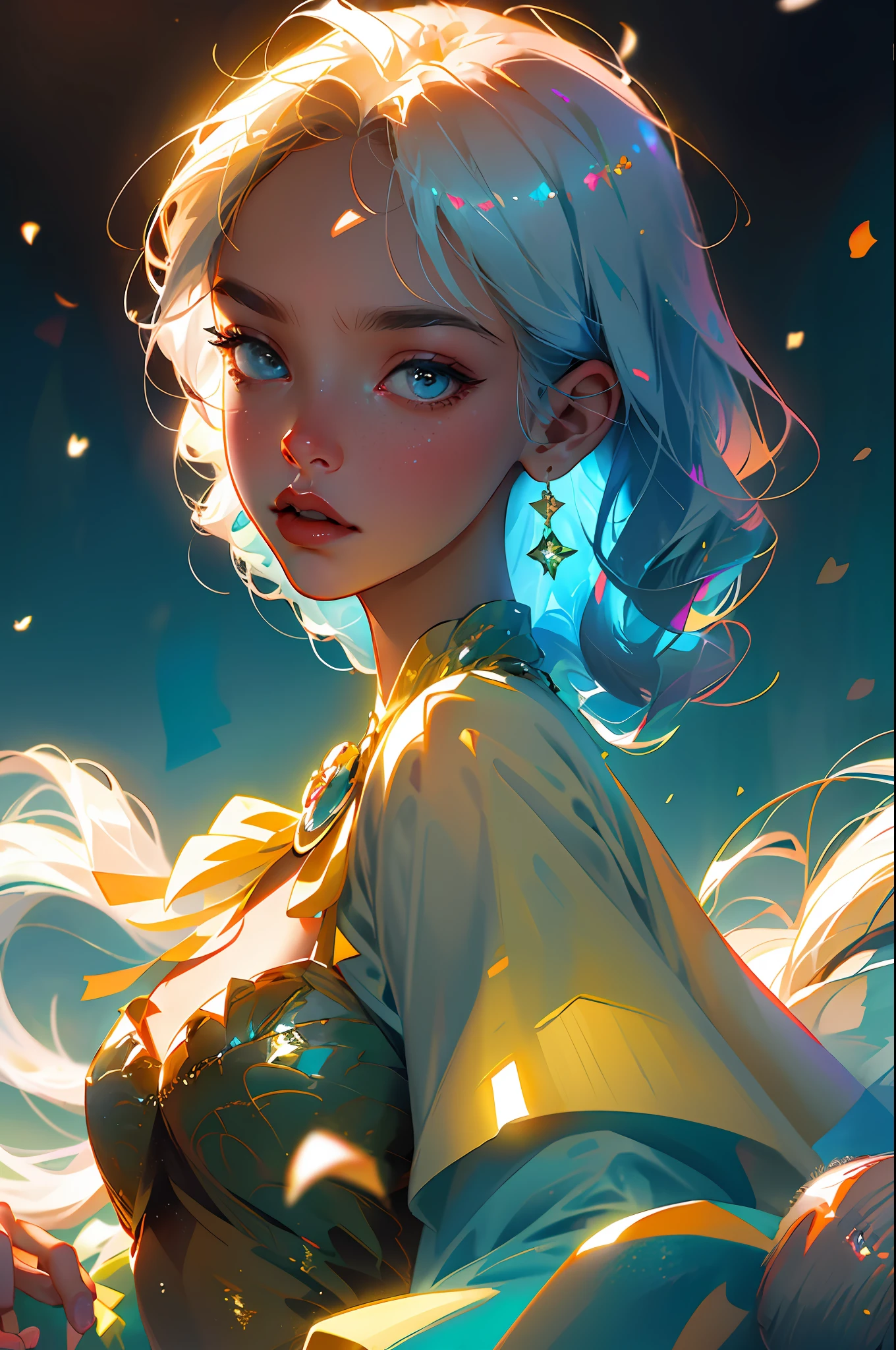 (8k, RAW photo, best quality, masterpiece: 1.2), (realistic, photorealistic: 1.37), ((best quality)), ultra high resolution, extremely detailed 8k CG wallpaper, physics-based rendering, cinematic lighting, full body, (bokeh: 1.4), ((((1girl))), (oval face), closed face
White-haired girl with multicolored shines, surrounded by a golden, heavenly, beautiful, bright aura,