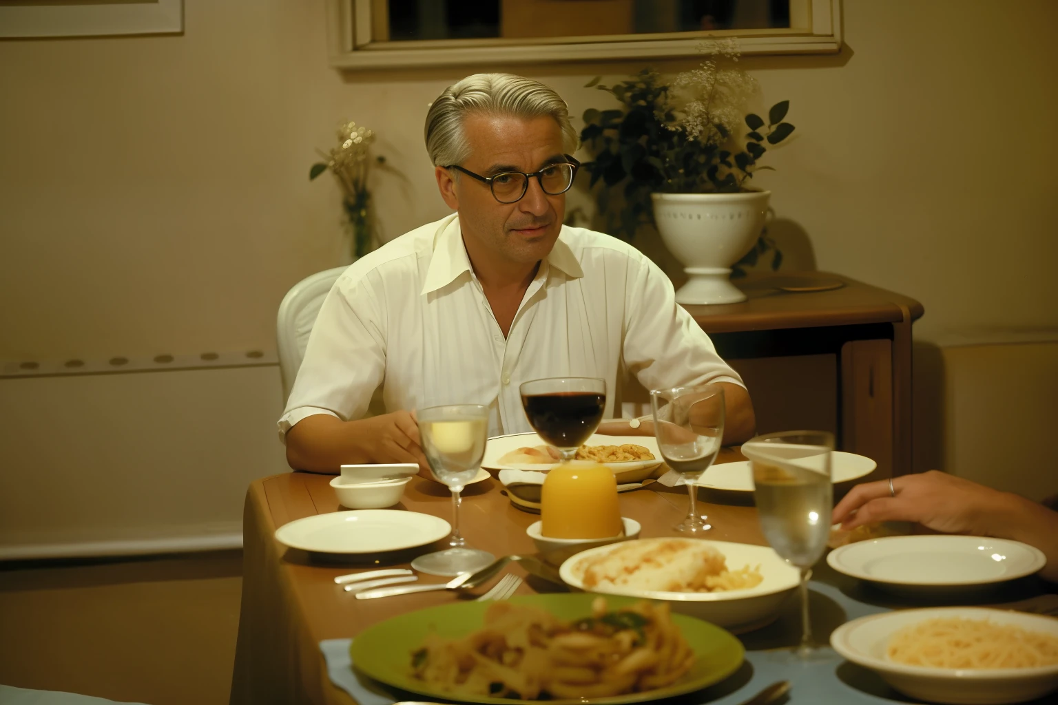 (Film still:1.2),50-year-old Italian man with (white hair:1.1) and (no facial hair:0.9),(prescription glasses:1.1),sitting at a (dinner table:1.2) in a (typical Italian house:1.2) styled in (1950s:1.1) fashion.