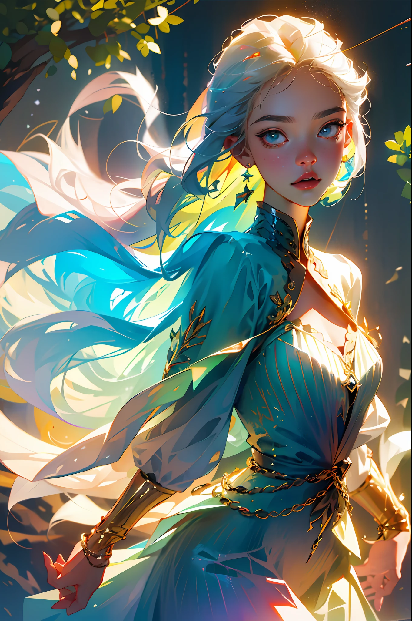 (8k, RAW photo, best quality, masterpiece: 1.2), (realistic, photorealistic: 1.37), ((best quality)), ultra high resolution, extremely detailed 8k CG wallpaper, physics-based rendering, cinematic lighting, full body, (bokeh: 1.4), ((((1girl))), (oval face), closed face
White-haired girl with multicolored shines, surrounded by a golden, heavenly, beautiful, bright aura,