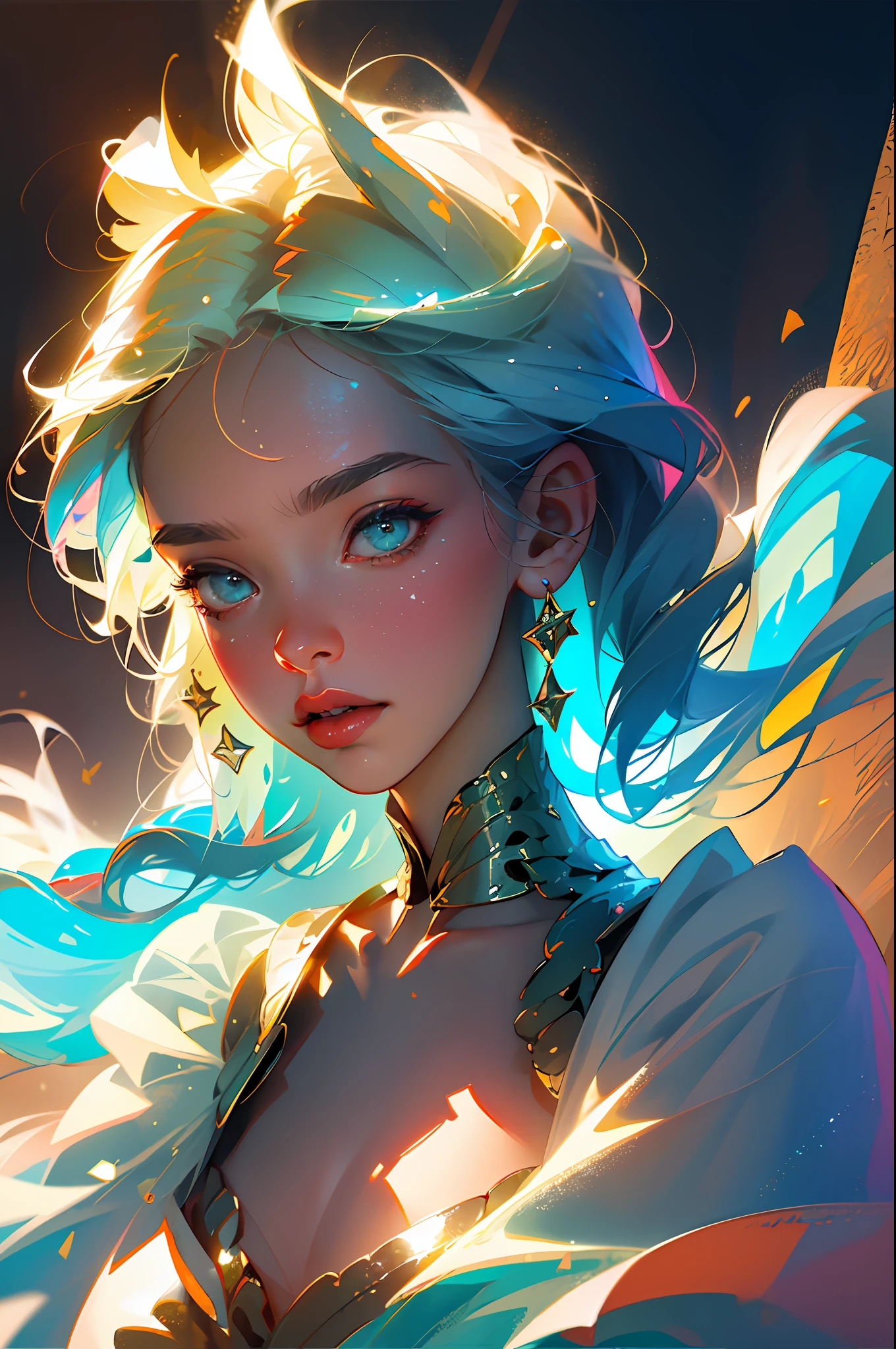 (8k, RAW photo, best quality, masterpiece: 1.2), (realistic, photorealistic: 1.37), ((best quality)), ultra high resolution, extremely detailed 8k CG wallpaper, physics-based rendering, cinematic lighting, full body, (bokeh: 1.4), ((((1girl))), (oval face), closed face
White-haired girl with multicolored shines, surrounded by a golden, heavenly, beautiful, bright aura,