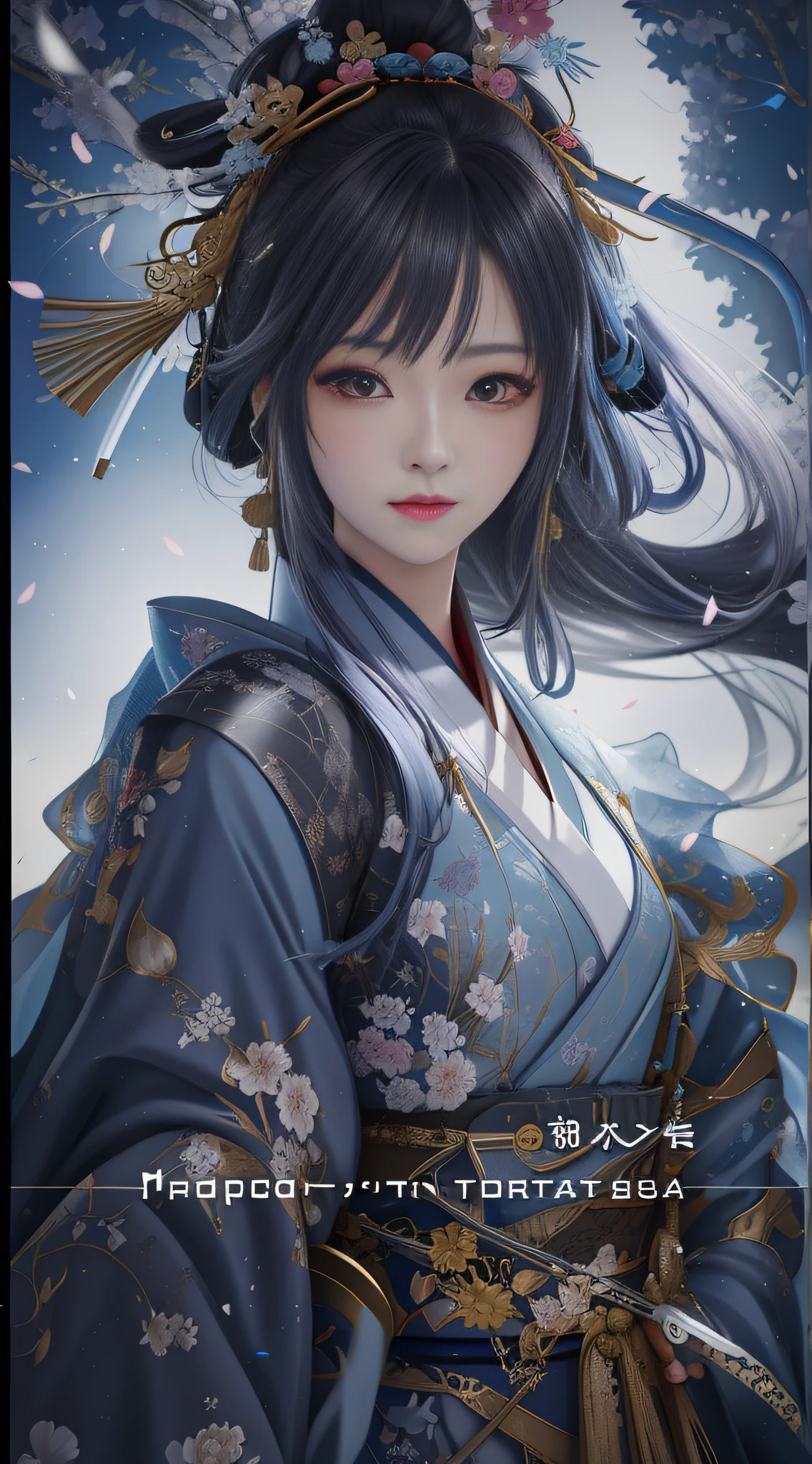 a woman in a kimono dress with a sword and a sky background, beautiful character painting, by Yang J, beautiful anime portrait, artwork in the style of guweiz, guweiz, palace , a girl in hanfu, anime art wallpaper 8 k, beautiful anime woman, detailed portrait of anime girl, beautiful alluring anime woman, extremely detailed artgerm