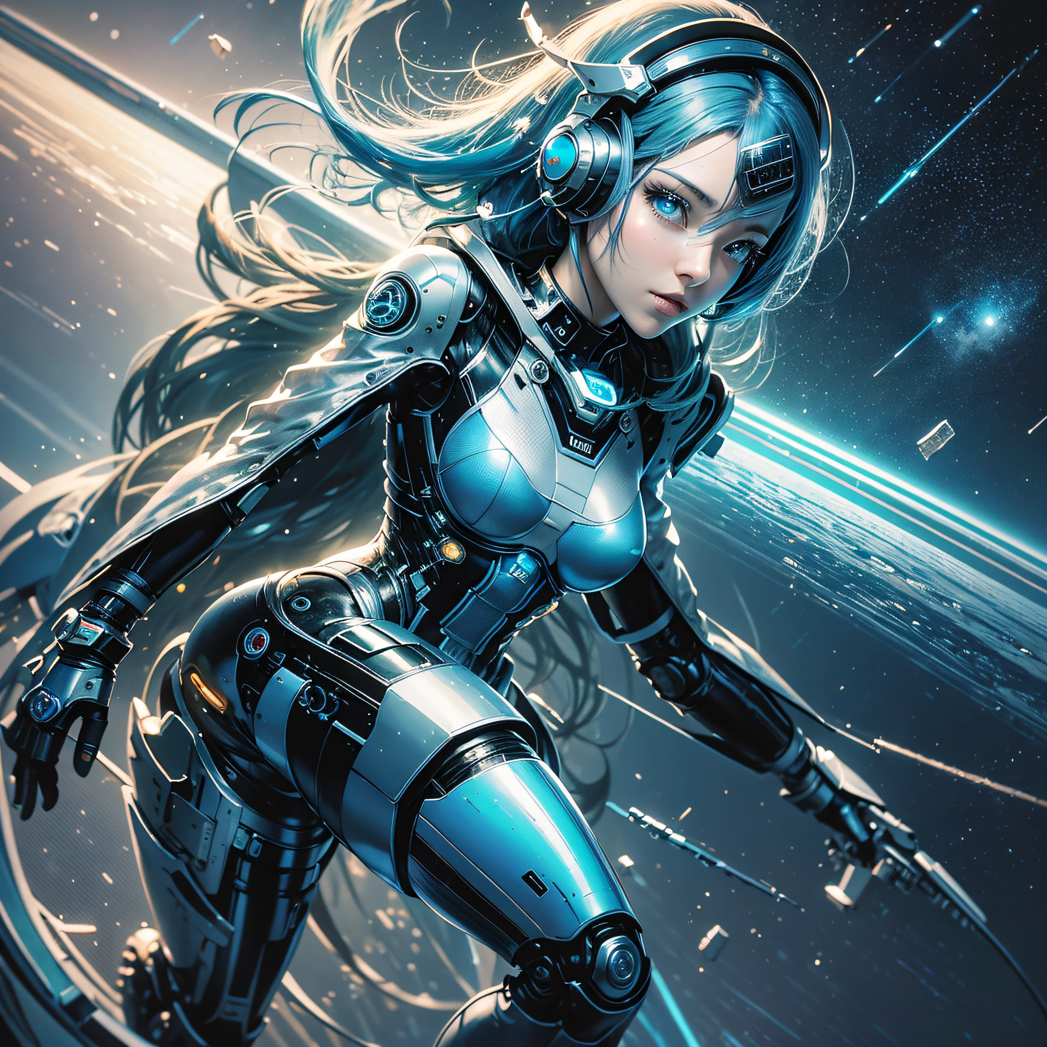 Full body, blue hair, blunt van, masterpiece, top quality, official art, album art, very elaborate CG Unity 8K wallpaper, lone girl, Japan girl, full body, super high resolution, (photorealistic: 1.4), dynamic angle, dynamic pose, mystical power, floating particles, reflection, so cute, sparkling blue color eyes, golden hour lighting, Pilot suit in white and blue and black colors, tight fitting clothes, full-body covering clothes, knee boots, (puffy eyes), viewer looking, front-facing, beauty, medium breasts, shirt lift, metal wire, slim body, arm-length gloves, anime heroine, gentle smile, headset, helmet, detailed robot cockpit, super futuristic space --auto --s2