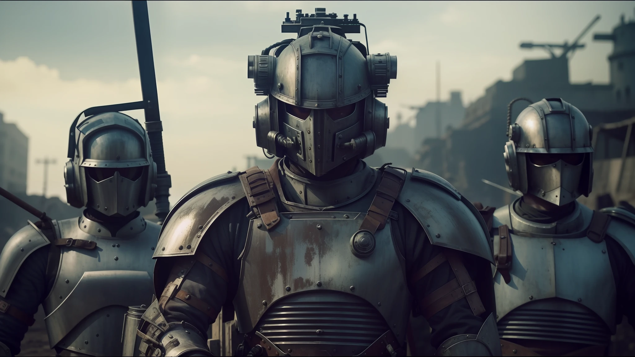 there are three men in armor standing together with swords, futuristic dieselpunk street, youtube thumbnail, wastelands, shot on anamorphic lenses, realistic restored face, red heavy armor, by David B. Mattingly, machinarium, streaming on twitch, kit bash, guards, rural wastelands