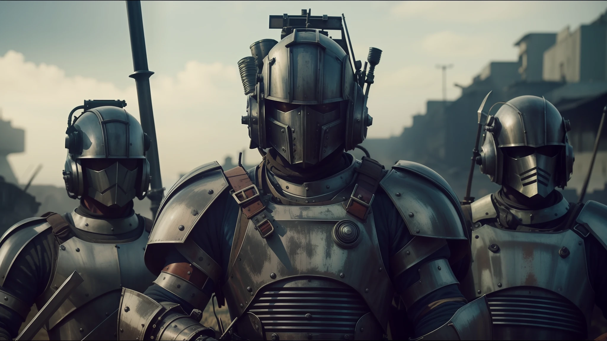 there are three men in armor standing together with swords, futuristic dieselpunk street, youtube thumbnail, wastelands, shot on anamorphic lenses, realistic restored face, red heavy armor, by David B. Mattingly, machinarium, streaming on twitch, kit bash, guards, rural wastelands