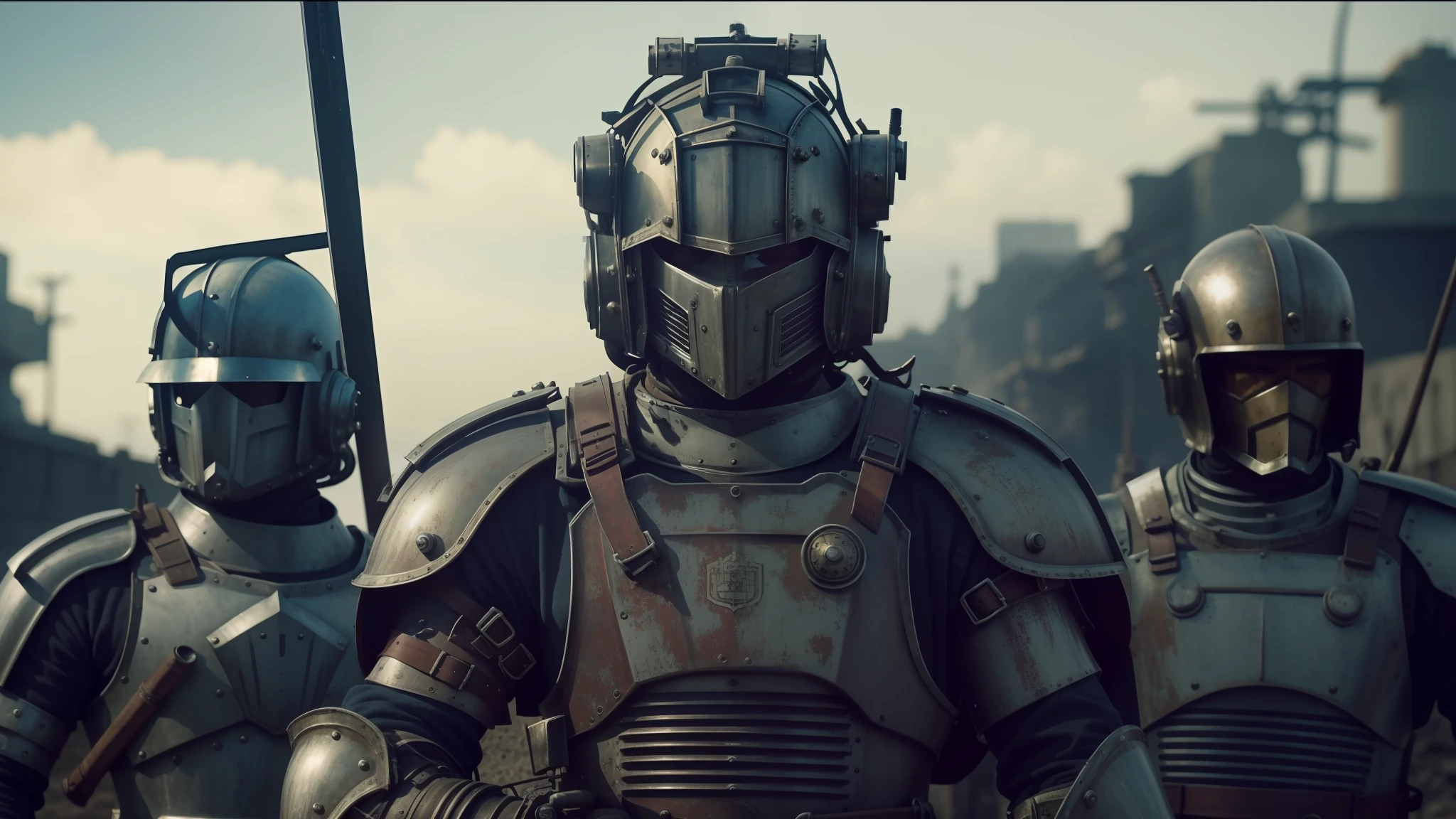there are three men in armor standing together with swords, futuristic dieselpunk street, youtube thumbnail, wastelands, shot on anamorphic lenses, realistic restored face, red heavy armor, by David B. Mattingly, machinarium, streaming on twitch, kit bash, guards, rural wastelands