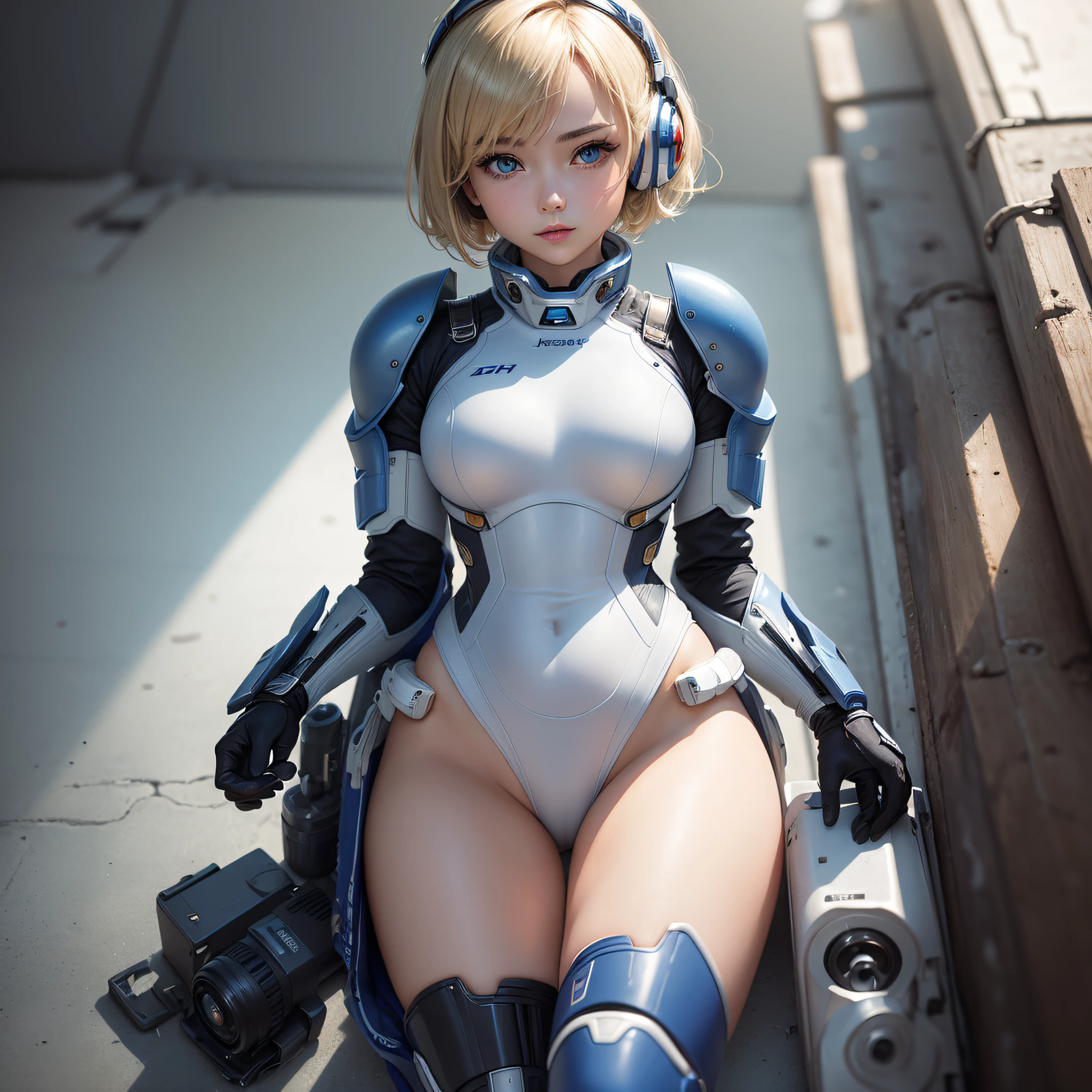 (masterpiece, highest quality, highest resolution, distinct_image, detailed details): (Solo, lone girl, short hair, face is Japan, blonde girl, full body figure, watch viewer, small size , sparkling blue color eyes, pilot suit in white and blue color, tight fit clothes, clothes covering the whole body, beauty, cuteness, light smile, blush, slim body, exoskeleton, heroineset, gloves, knee boots)