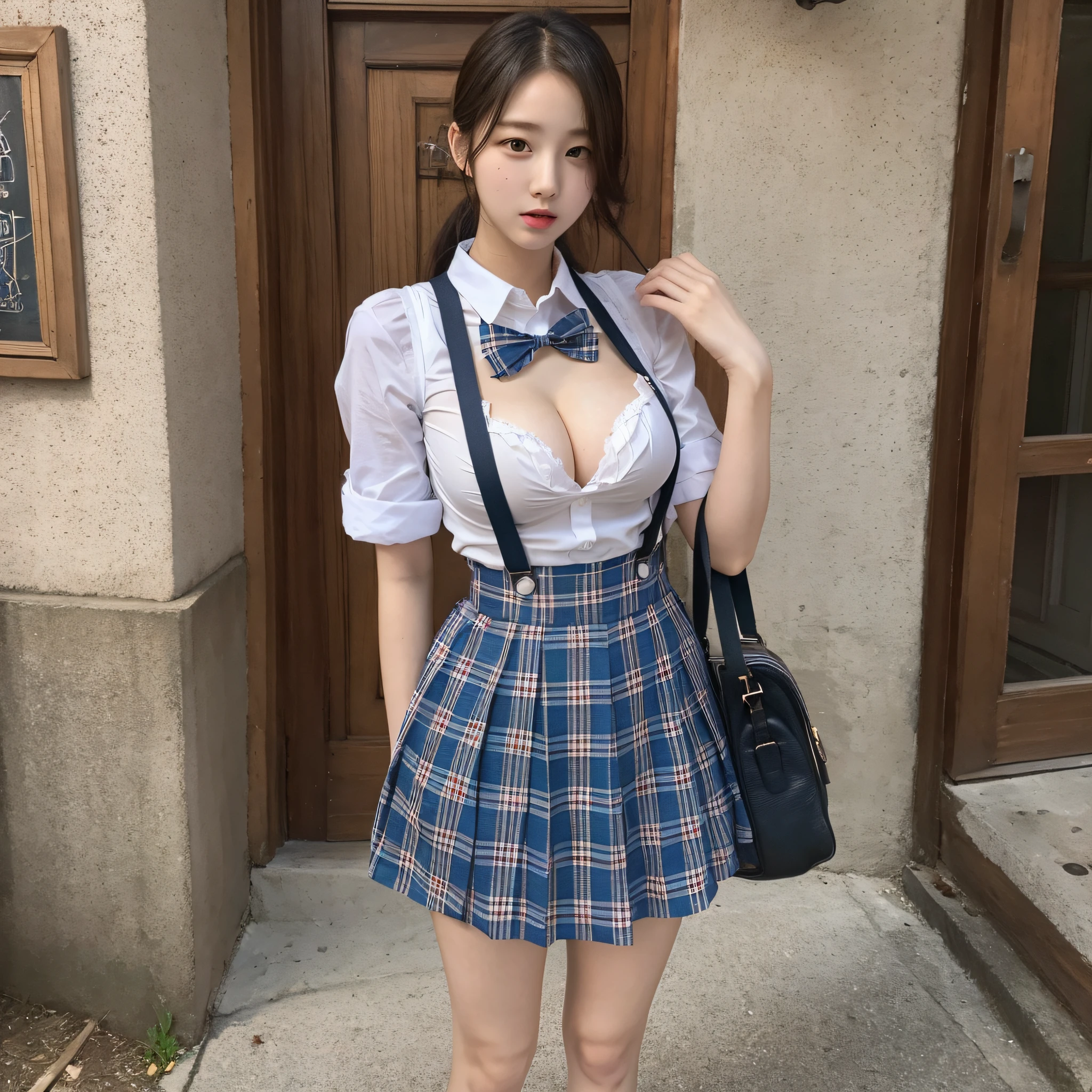 JK, tall, full body photo, big breasts, suspenders, delicate face, high school student --auto --s2