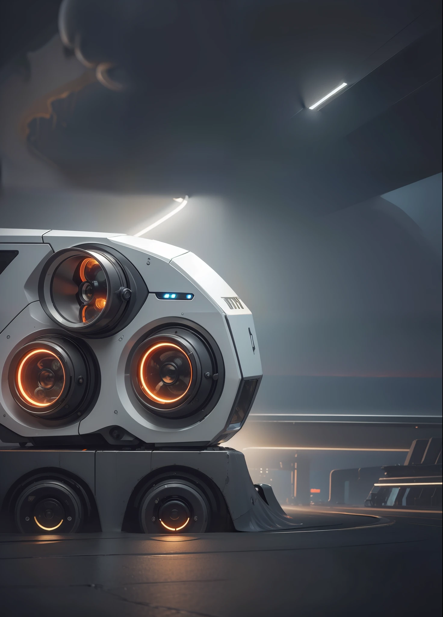 a matte aluminium product design of traffic lights with three orange lights, (masterpiece), (best quality), photorealistic, 8k raw photo, ultra high res, mechanics, mechanical parts, product photo, studio shot, complex lighting, dark grey background studio with Modern Futuristic Abstract  Digital Connection Network  om ground
