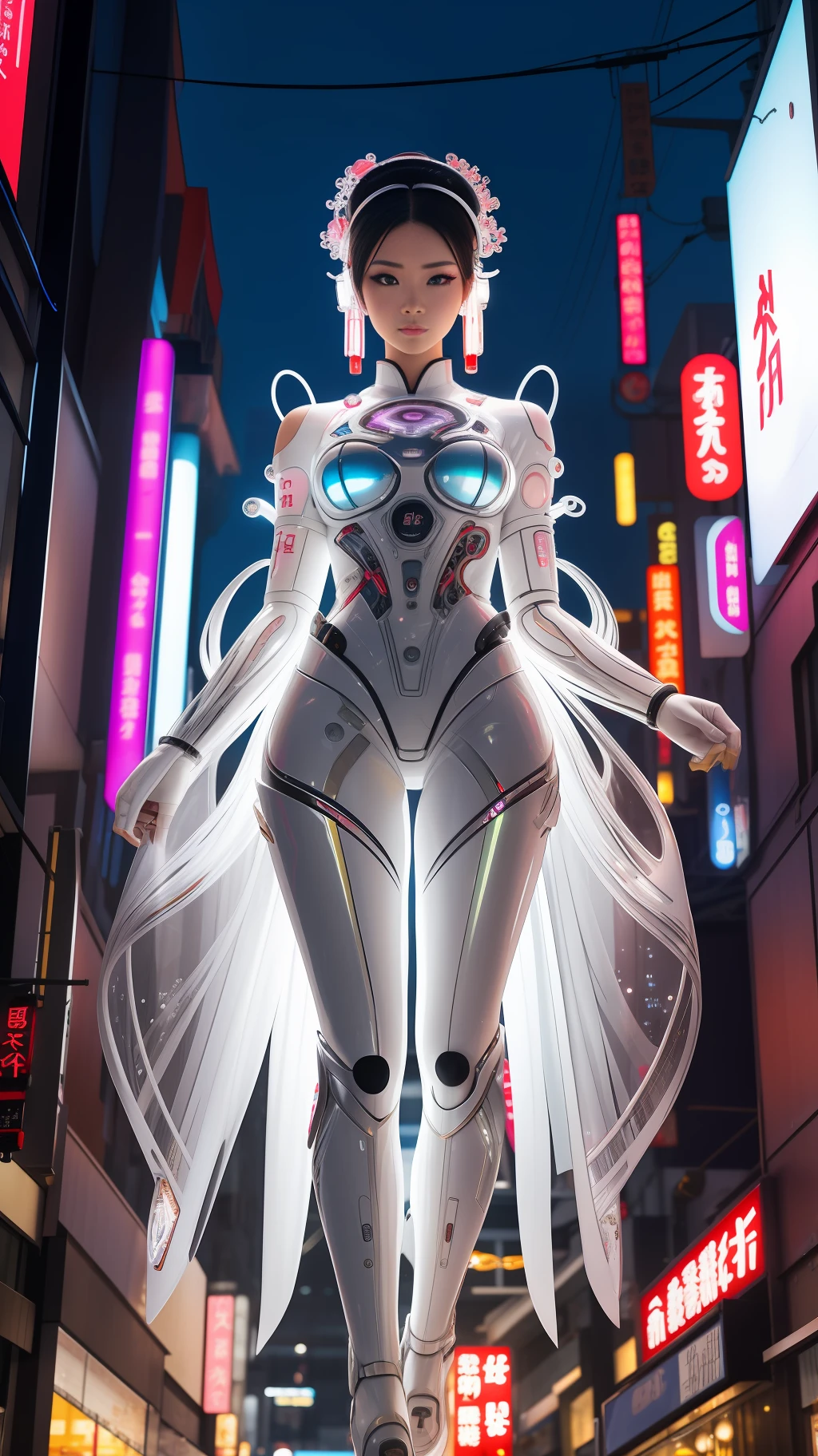 A hyperrealistic photograph of Japanese female android made of transparent glass in crowded street, white and silver plastic, geisha makeup and hairstyle, silver metal internal mechanisms, (((dynamic pose))), walking pose, flowing organic construction, detailed designs, glowing colorful circuitry, colorful neon trim, cinematic lighting, rim lighting, f/2.8, art by H.R. Giger, Greg Rutowski