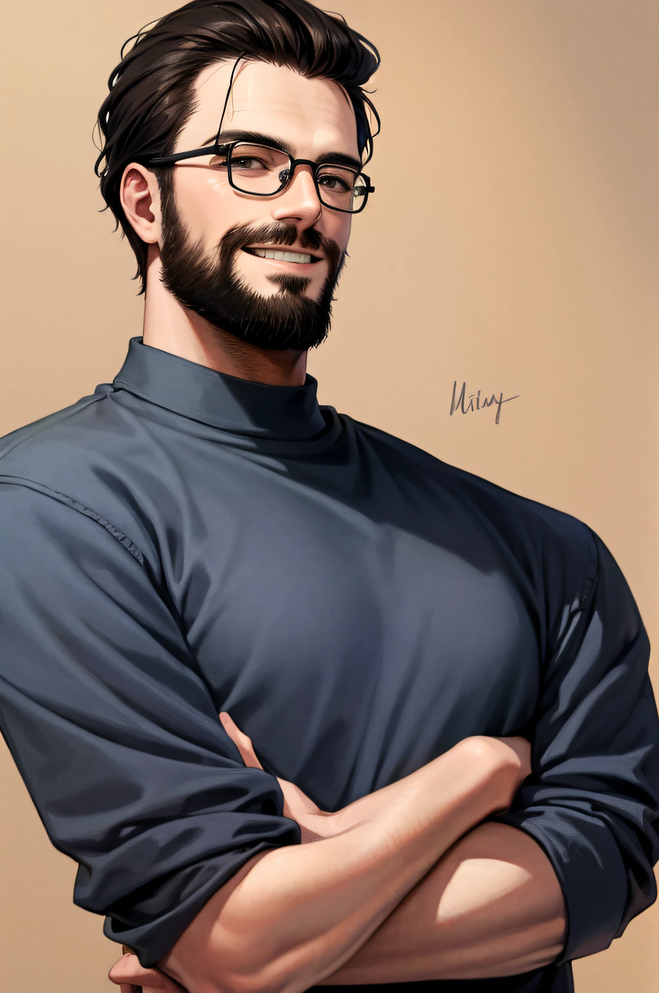 Young 20 years old, bearded, glasses, arms crossed smiling ultra realistic