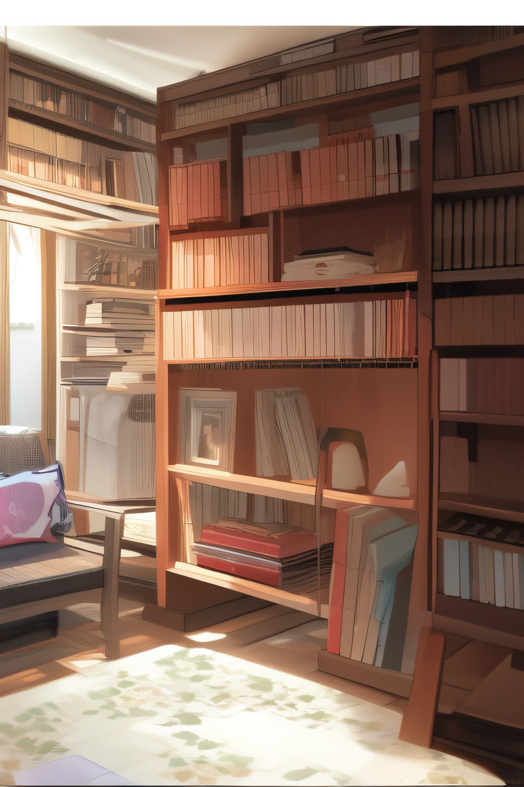 masterpiece,best quality,asterpiece,beautiful,extremely detailed CG unity 8k wallpaper,A home office livingroom with bookshelf and plants, picture frame above the couch, plant, book, no humans, indoors, potted plant, pillow, bookshelf, wooden floor, couch, rug, shelf, photo (object), pokemon (creature), pikachu, cat, window, scenery, picture (object), sleeping, bulbasaur, stuffed toy