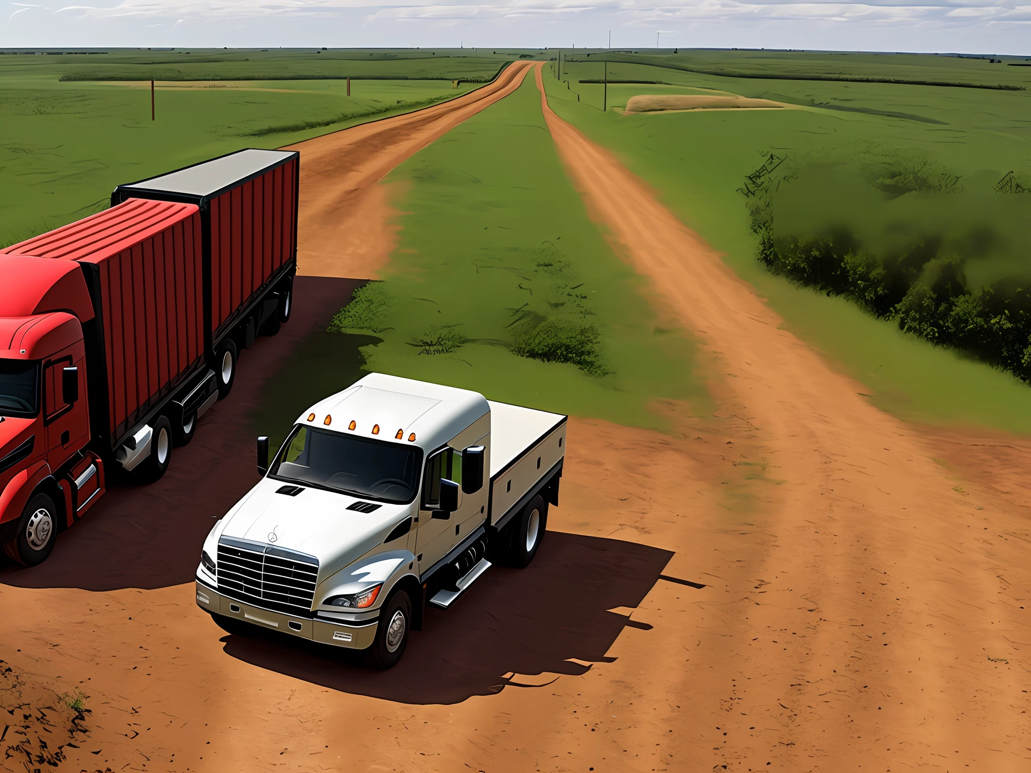 Landscape, ultra realistic, Truck, atron, red, Mercedes, cattle cage, dirt road, lots of clay, reality, corral