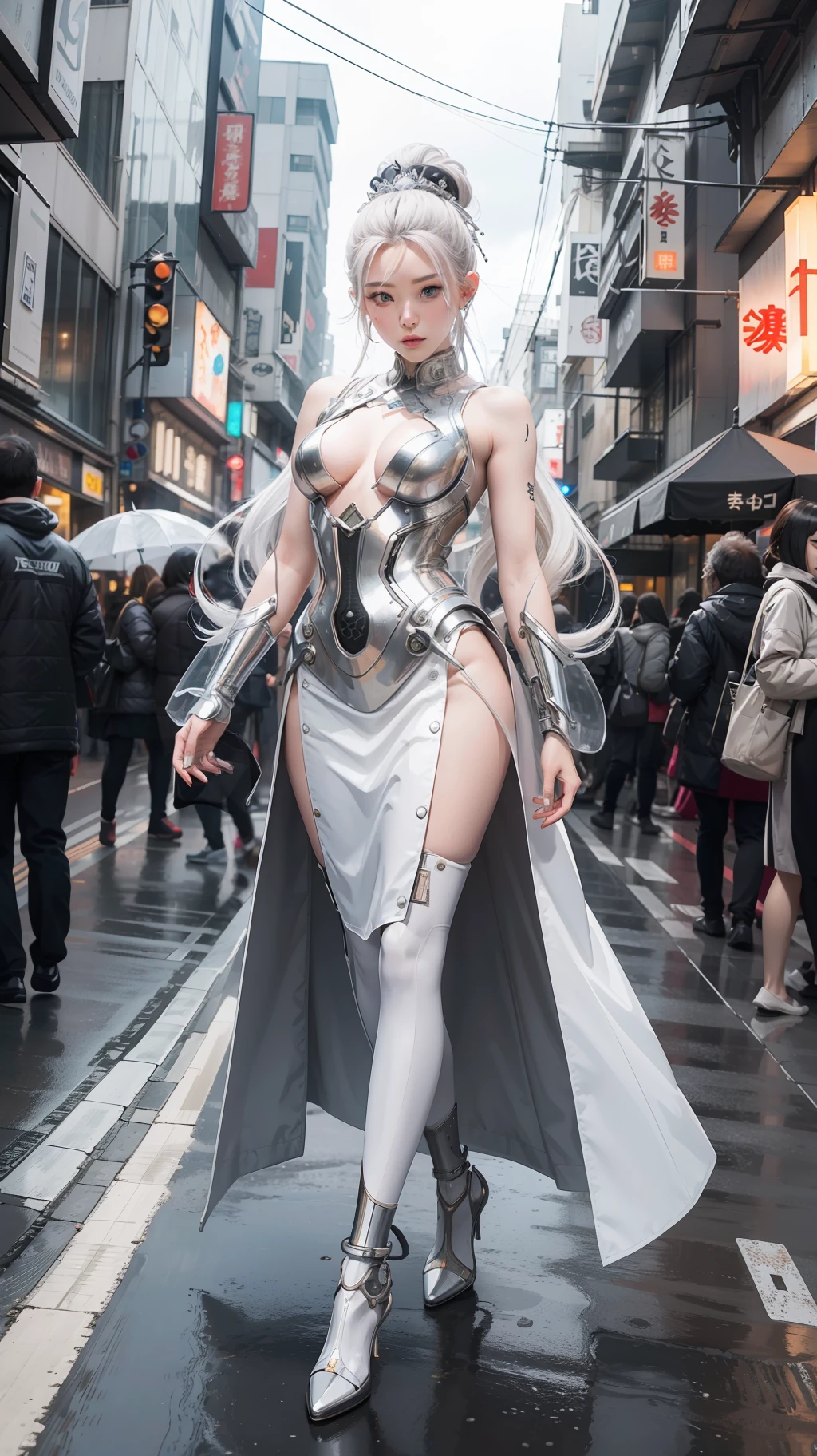A hyperrealistic photograph of Japanese female android made of transparent glass in crowded street, white and silver plastic, geisha makeup and hairstyle, silver metal internal mechanisms, (((dynamic pose))), walking pose, flowing organic construction, detailed designs, glowing colorful circuitry, colorful neon trim, cinematic lighting, rim lighting, f/2.8, art by H.R. Giger, Greg Rutowski