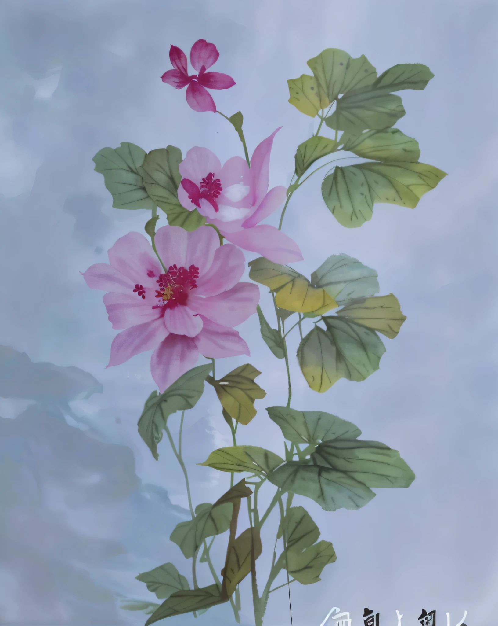 painting of a flower with green leaves and pink flowers on a white background, inspired by Pu Hua, chinoiserie pattern, flower motif, inspired by Ni Tian, inspired by Master of the Embroidered Foliage, inspired by Yun Shouping, painted on silk, inspired by Xie Shichen, hand painted, inspired by Zhang Zeduan, inspired by Li Tang