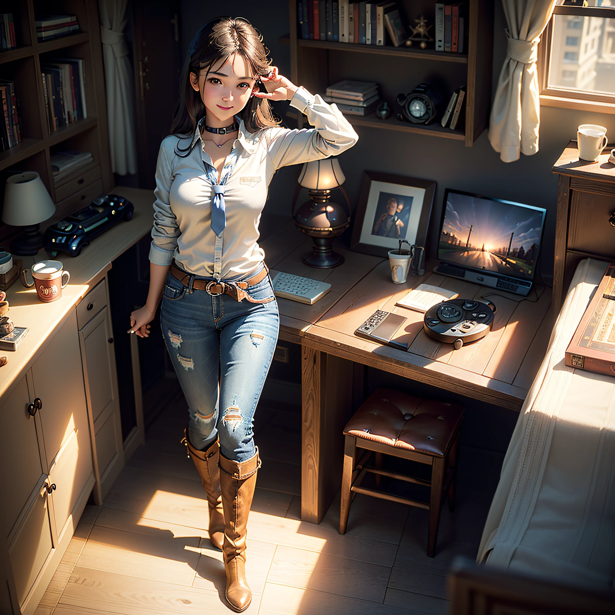 (Masterpiece, highest quality, highest resolution, distinct_image, highly elaborate CG, cinematic lighting, ray tracing, drop shadows, detailed detail, (photorealistic: 1.4), high quality textures, fine-grained, realistic face expressions): (single girl, face is Japan, small size breasts, sparkling eyes, eye level shot, light smile, beauty, slim body, holiday, bedroom, console games, computer, jeans, long boots, shirt with collar, radio, coffee, model train, bookshelf, chair, pot, fan, painting, stuffed animal, tie)