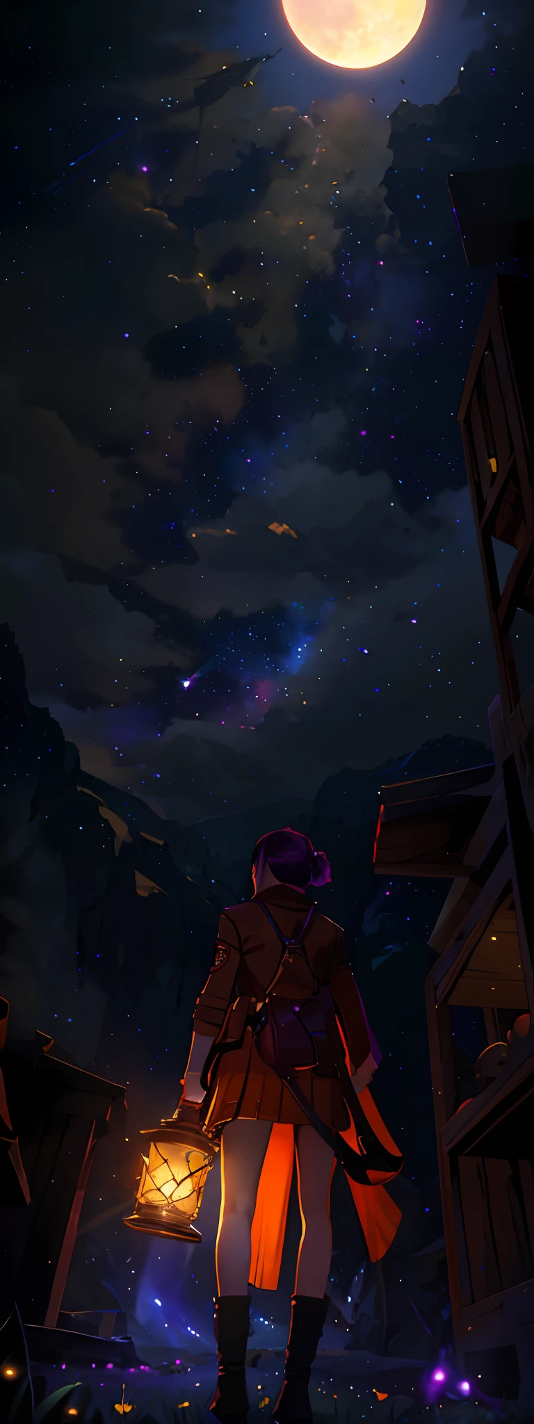 expansive landscape photograph , (a view from below that shows sky above and open field below), a girl standing on flower field looking up, (full moon:1.2), ( shooting stars:0.9), (nebula:1.3), distant mountain, tree BREAK
production art, (warm light source:1.2), (Firefly:1.2), lamp, lot of purple and orange, intricate details, volumetric lighting, realism BREAK
(masterpiece:1.2), (best quality), 4k, ultra-detailed, (dynamic composition:1.4), highly detailed, colorful details,( iridescent colors:1.2), (glowing lighting, atmospheric lighting), dreamy, magical, (solo:1.2)