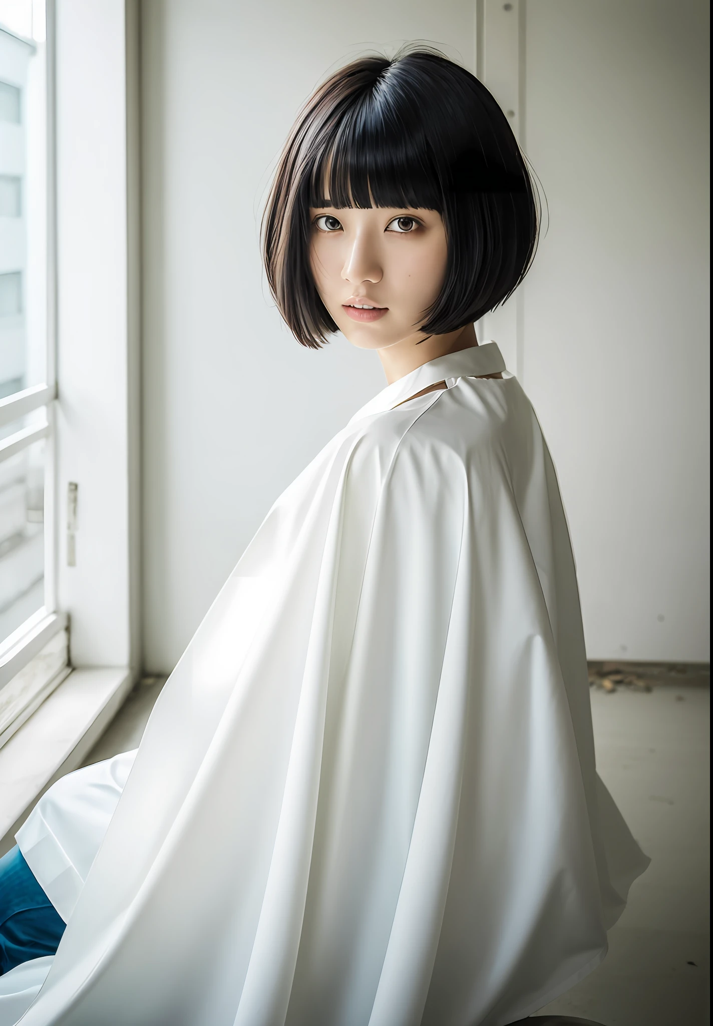 One girl, black hair, bangs, bob-cut hair, wearing a white cut cloth for haircut, sitting in a barber chair with her back straight, facing the front, inside an abandoned barber shop, concrete walls and floor, spiritual silence, transcendental tranquility, Absurdres, hdr, ultra detailed illustration, highly detailed face, RAW photography, film grain, deviantart trend, Movie Scene, Natural Light