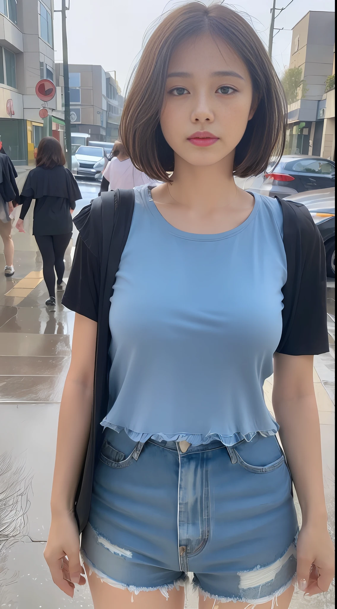 ((Best Quality, 8k, Masterpiece:1.3)), Focus:1.2, Perfect Body Beauty:1.4, Buttocks:1.2, ((Layered Haircut, Breasts:1.2)), (Wet Clothes:1.1) , (Rain, Street:1.3), Short T-shirt: 1.1, Shorts, Highly detailed face and skin texture, Fine eyes, Double eyelids, Whitened skin, Long hair