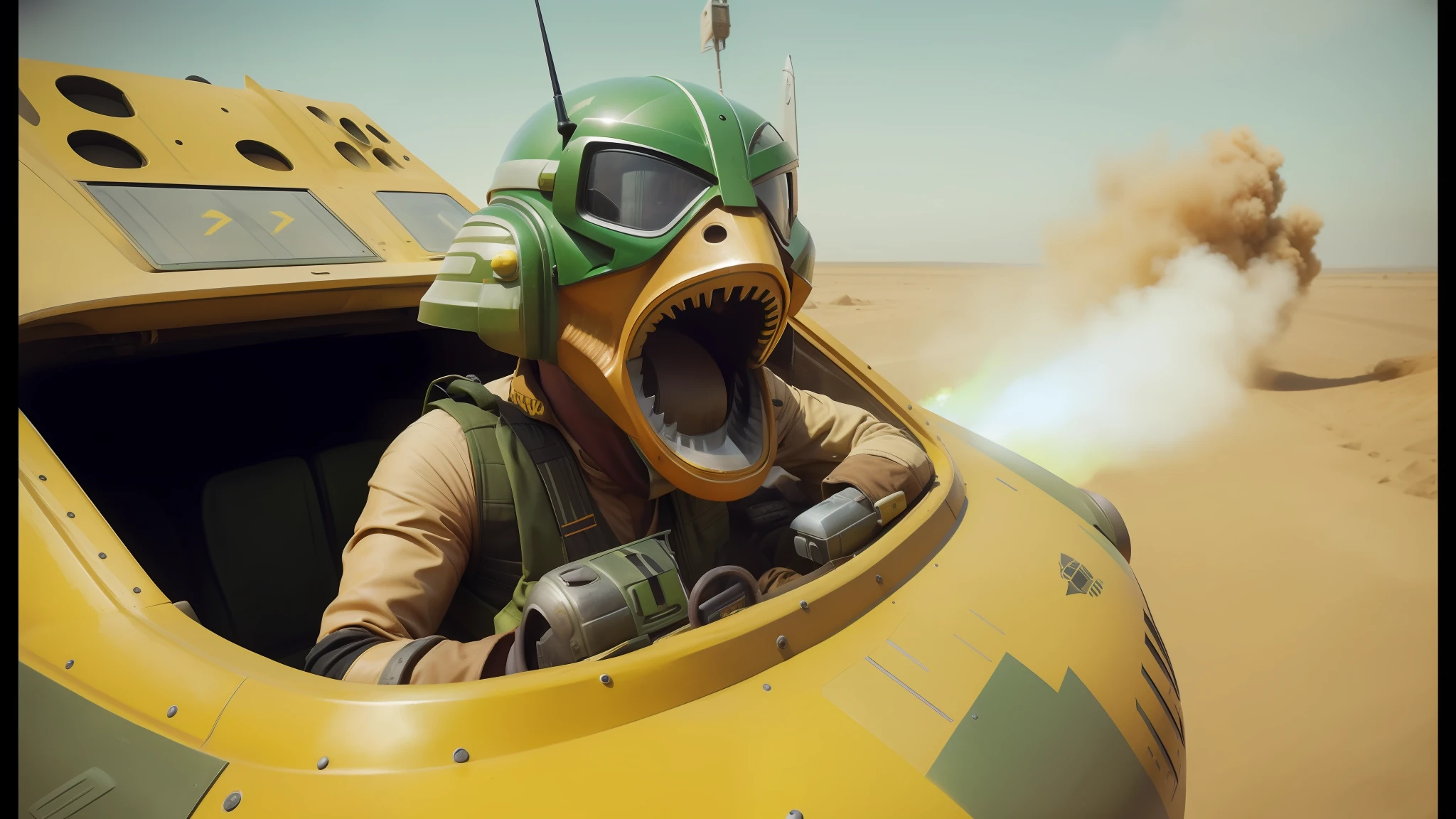 there is a man in a green helmet and goggles driving a yellow vehicle, in a star wars sequel, beaked mask, in cockpit, inspired by Scott Listfield, mouth open in a terrifying roar, dust and sand in the air, color corrected, angry man, character close-up, speedy aircraft, award-winning photograph, style of midjourney