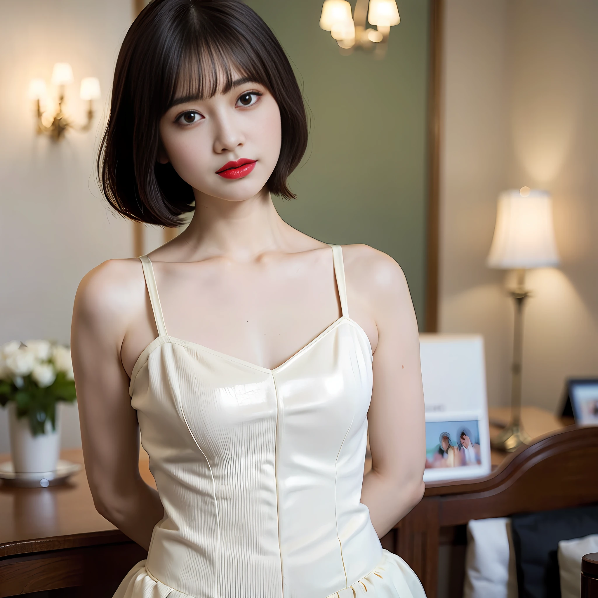 of the best quality, masterpieces, (very delicate and beautiful: 1.2),
blurry background, look at the viewer,
1 Girl, Solo, Facigirl, Red Lips, Blush, Bob Cut Hair. BDSM, bodysuit, corset, strap, handcuffs, collar, (suspension: 1.6), chest out, arms tied, arms back, restraint, leaning, petite and delicate figure