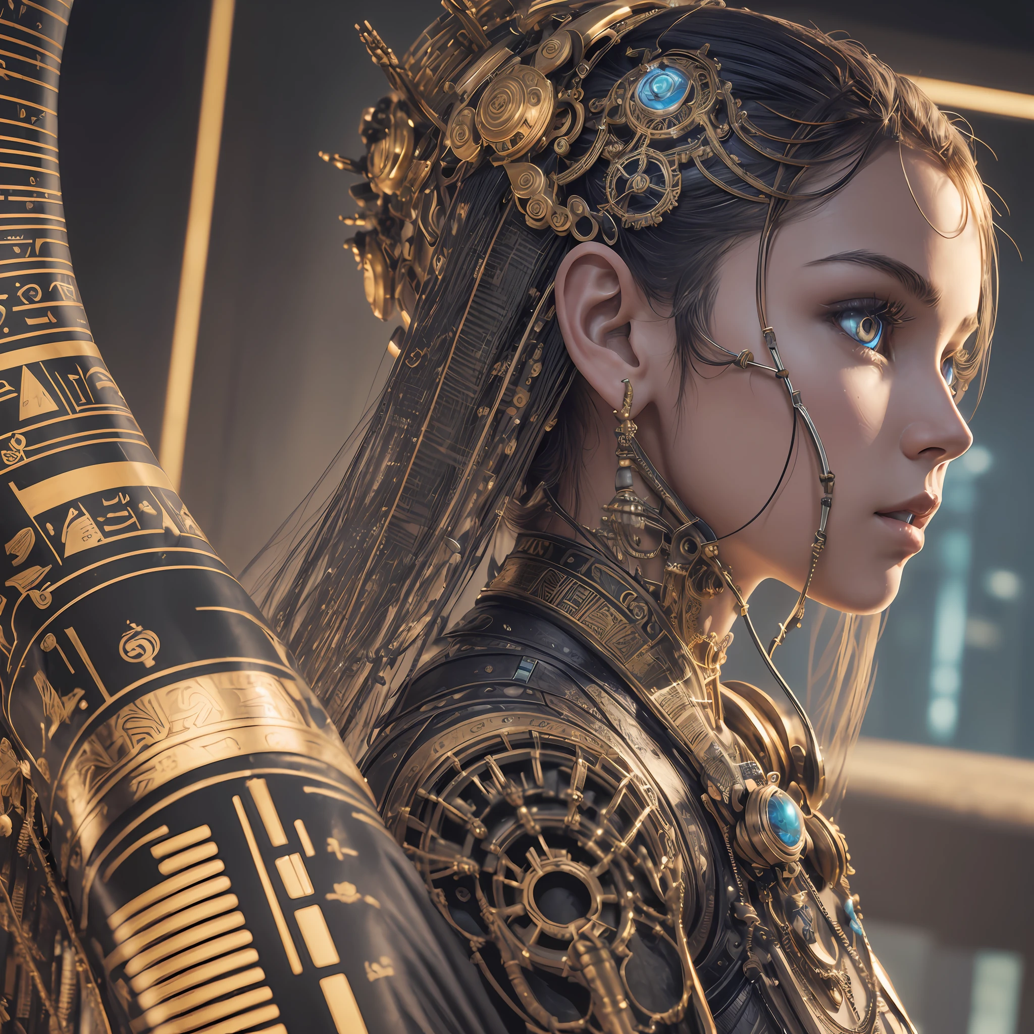 human girl half mechanical, (((ultra realistic details)), portrait, global lighting, shadows, octane render, 8k, ultra sharp, metal, intricate, detailed ornaments, cool colors, egyptian detail, highly intricate details, realistic light, trend in cgsociety, bright eyes, fr camera blood vessels connected to tubes, mechanical vertebra attaching to the back, mechanical cervial attaching to the neck, sitting, wires and cables connecting to the head --auto --s2