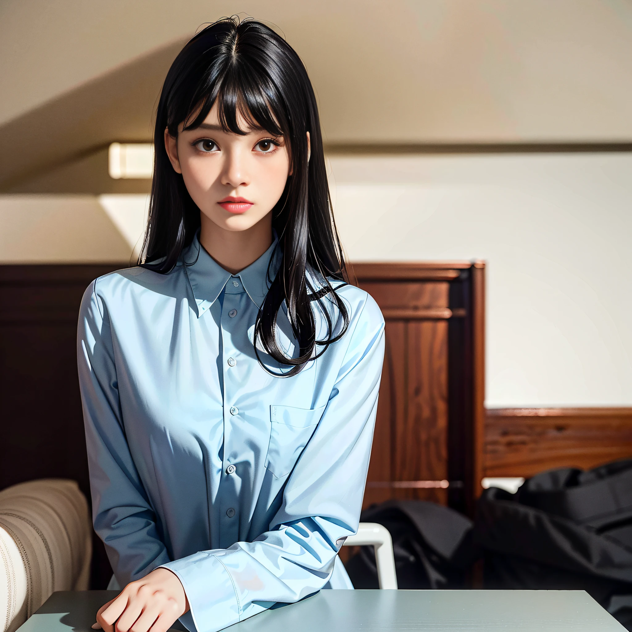 Masterpiece, best quality, (dark photo: 1.3), realistic, 1girl, flat bangs, stunning innocent symmetrical face, shirt, emotional, ulzzang, (PureErosFace_V1: 0.7)